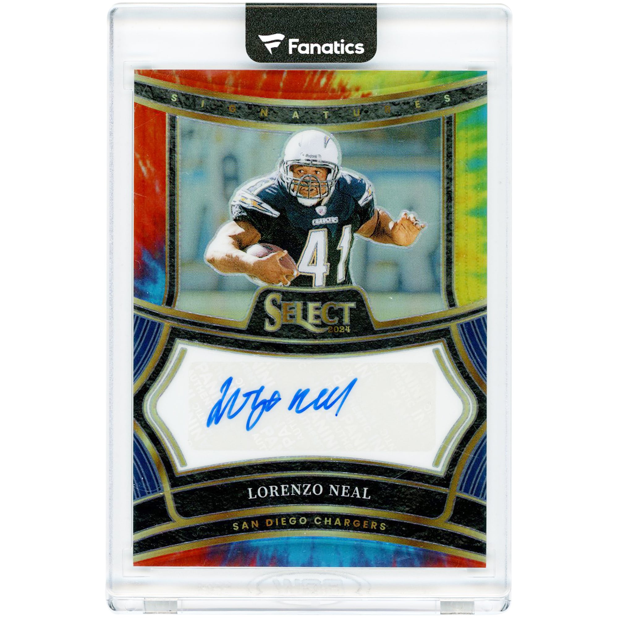 Carte autographiée de Lorenzo Neal (San Diego Chargers) 2024 Panini Select Signatures Tie-Dye Prizm #SP-LNL #25/25