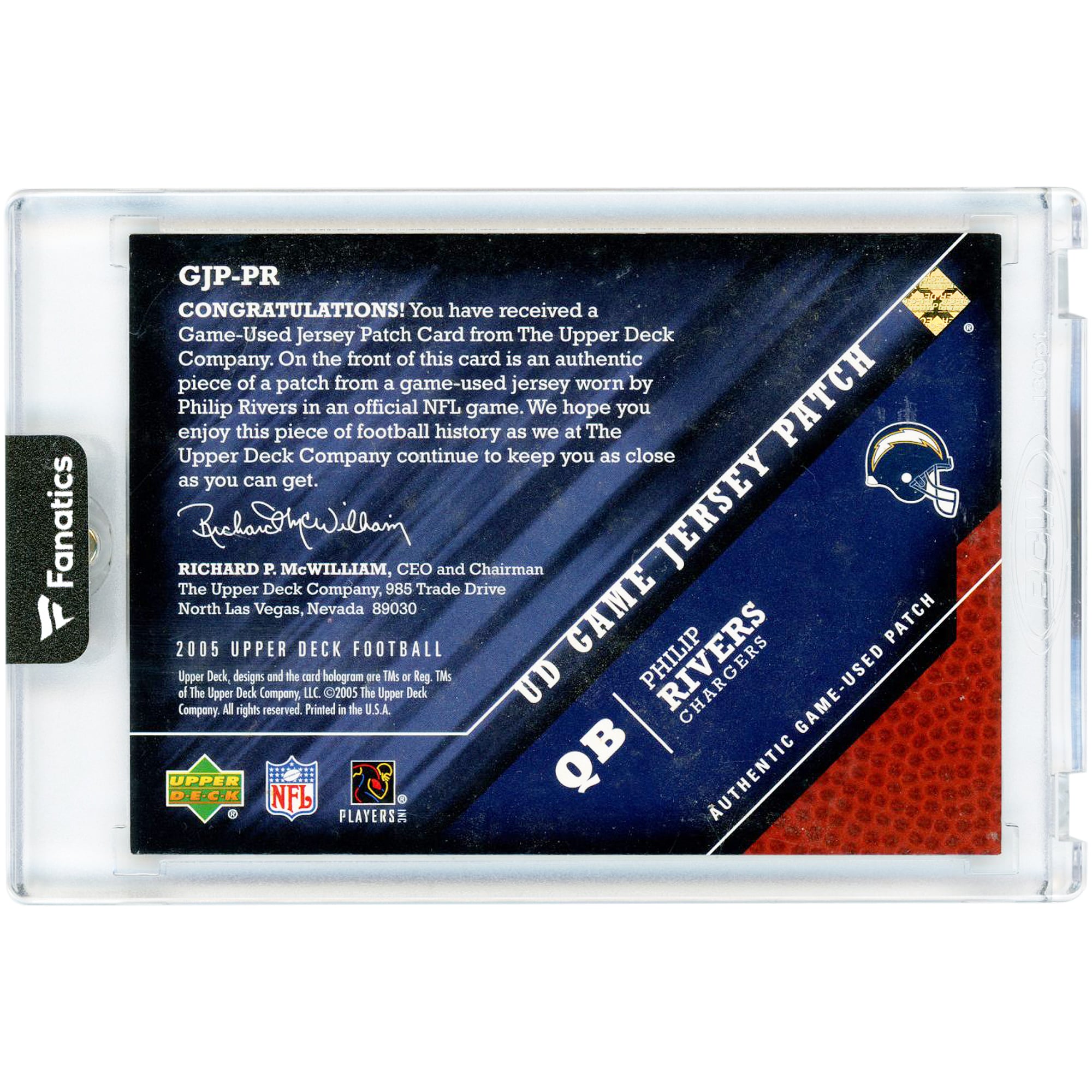 Carte de collection Philip Rivers San Diego Chargers 2005 Upper Deck UD Game Jersey Patch Game Used Tri-Color Relic #GJP-PR