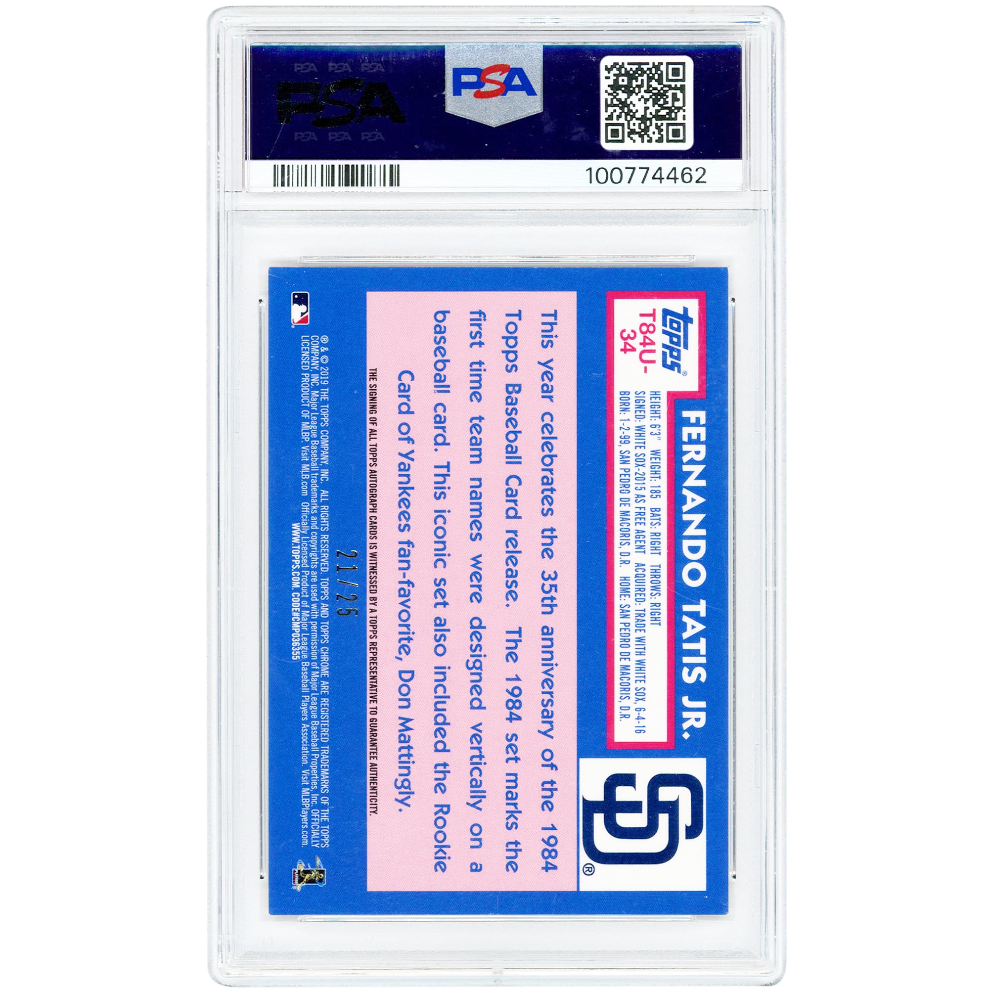 Carte de recrue autographiée de Fernando Tatis Jr. (Padres de San Diego), collection Topps Silver Pack Orange Refractor 2019, numéro T84U-34, numéro 21/25, authentifiée PSA 9.