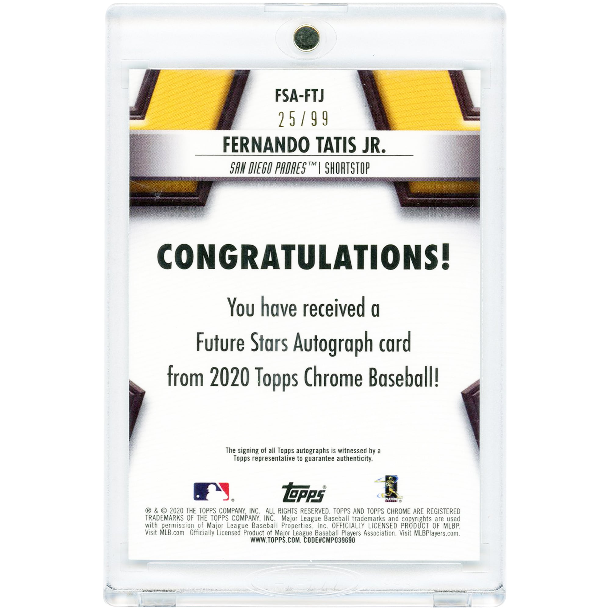 Carte autographiée de Fernando Tatis Jr. (Padres de San Diego) 2020 Topps Chrome Future Stars #FSA-FTJ #25/99
