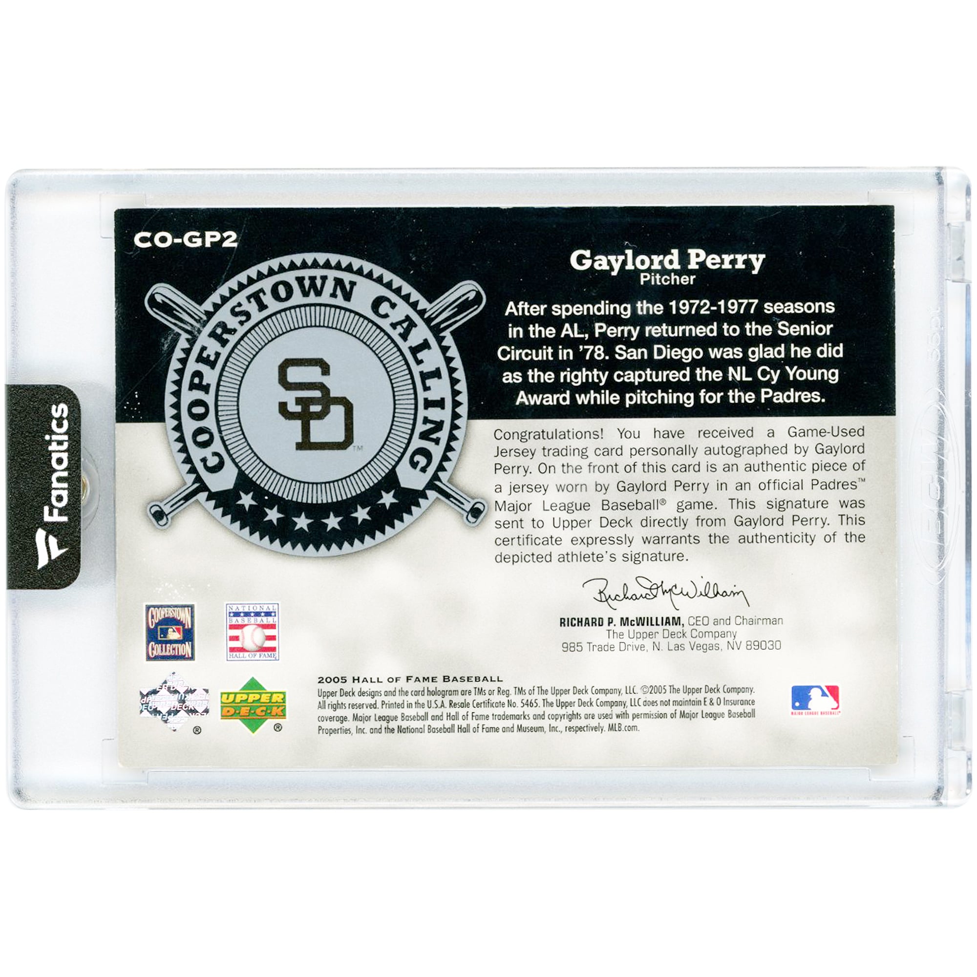 Gaylord Perry San Diego Padres Autographed 2005 Upper Deck Hall Of Fame Cooperstown Calling Game Used Jersey Relic #CO-GP2 #10/10 Card