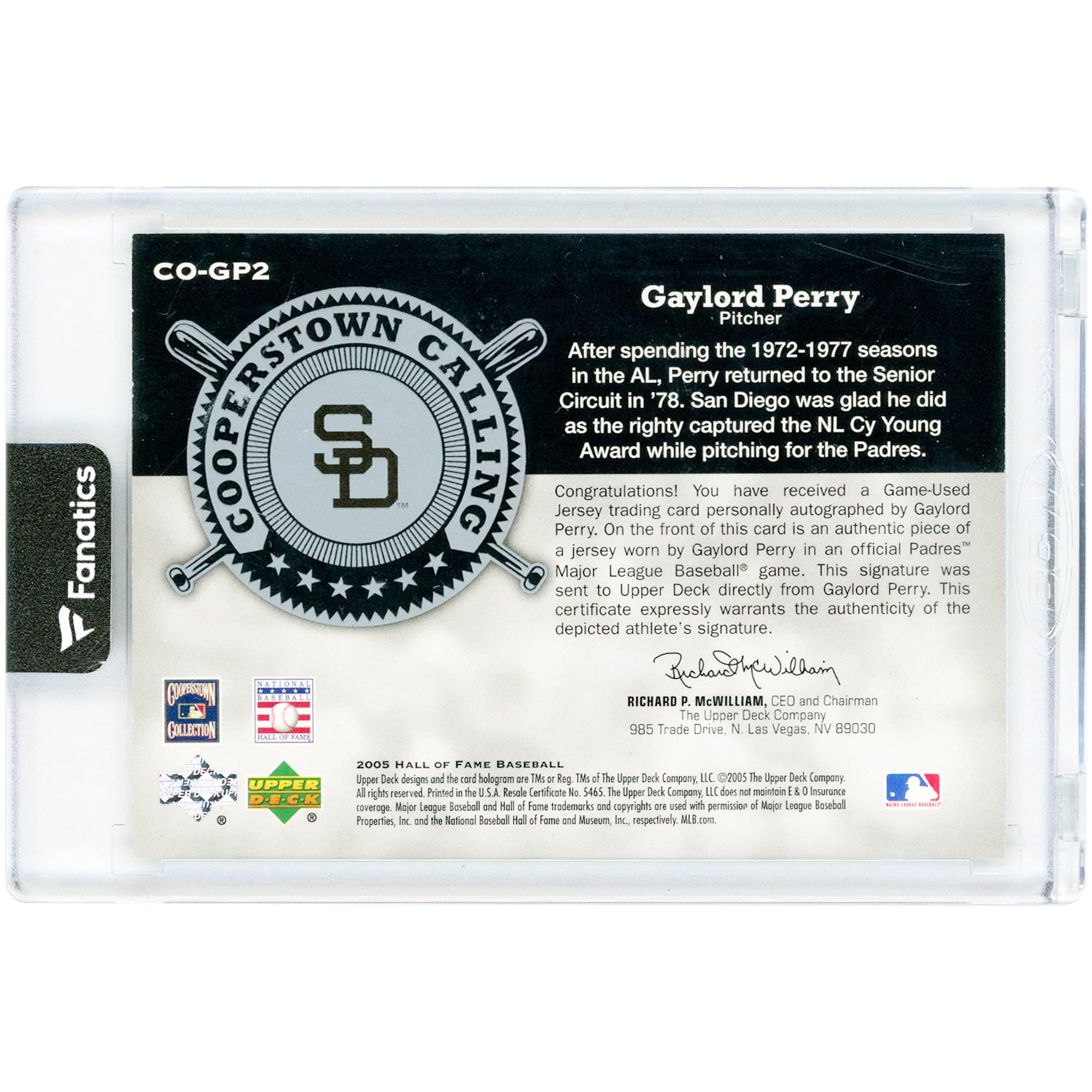 Gaylord Perry San Diego Padres Autographed 2005 Upper Deck Hall Of Fame Cooperstown Calling Game Used Jersey Relic #CO-GP2 #8/10 Card