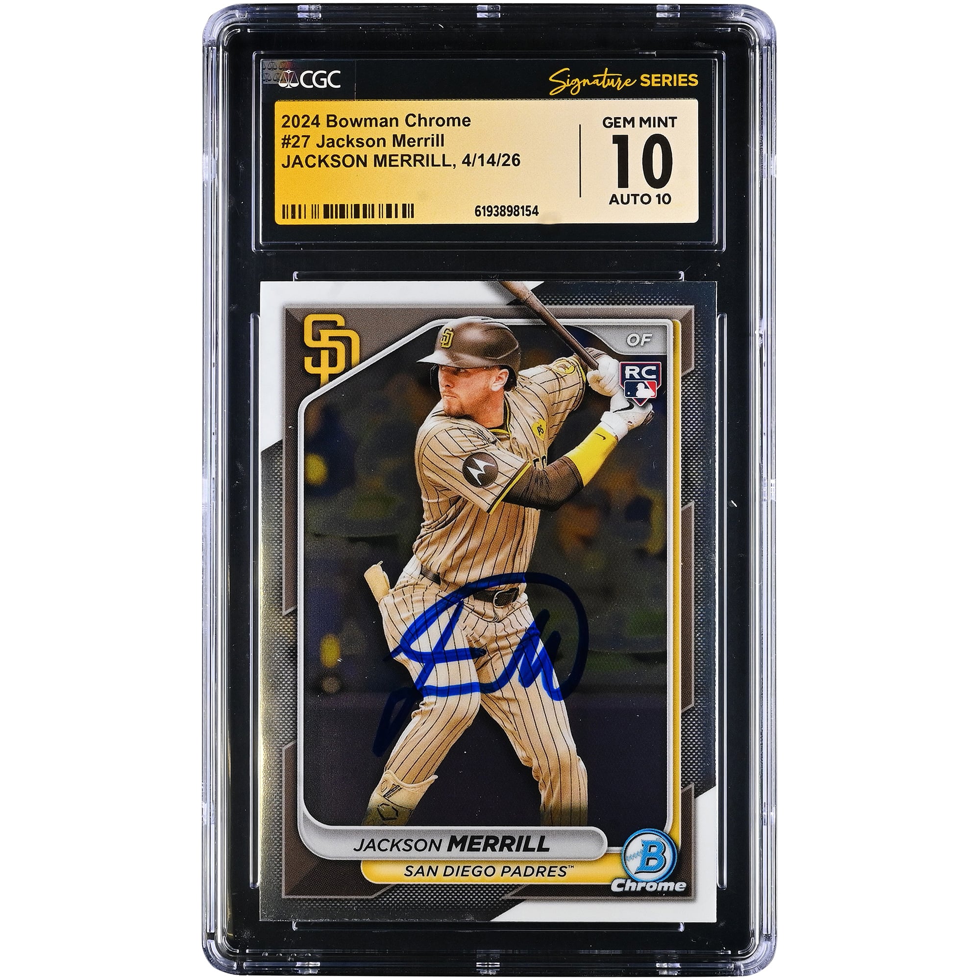 Carte de recrue autographiée de Jackson Merrill (San Diego Padres), Bowman Chrome 2024, n° 27, authentifiée CGC Fanatics Witnessed 10/10