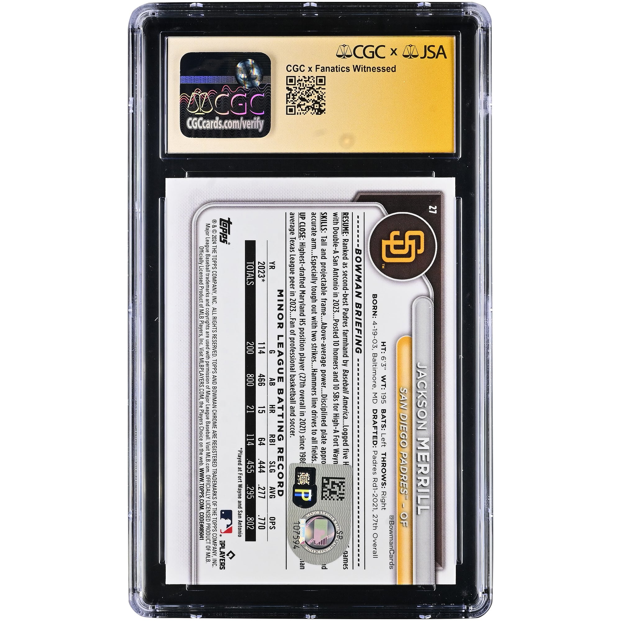 Carte de recrue autographiée de Jackson Merrill (San Diego Padres), Bowman Chrome 2024, n° 27, authentifiée CGC Fanatics Witnessed 10/10