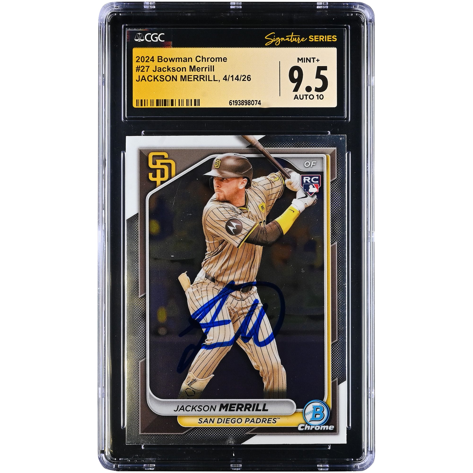 Carte de recrue autographiée de Jackson Merrill (Padres de San Diego), Bowman Chrome 2024, n° 27, authentifiée par Fanatics Witnessed (CGC), note 9,5/10
