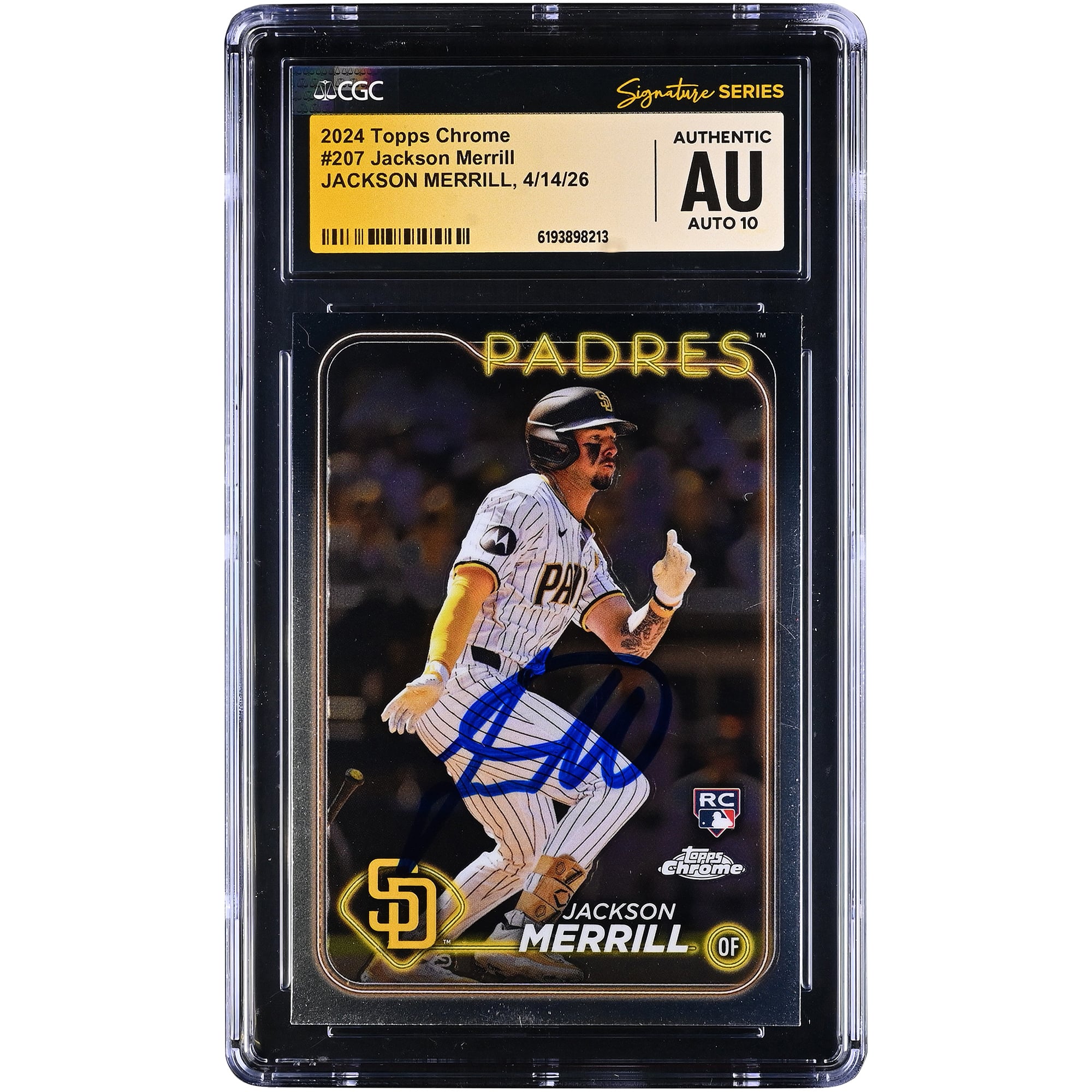 Jackson Merrill San Diego Padres Autographed 2024 Topps Chrome #207 CGC Fanatics Witnessed Authenticated AUTO 10 Rookie Card