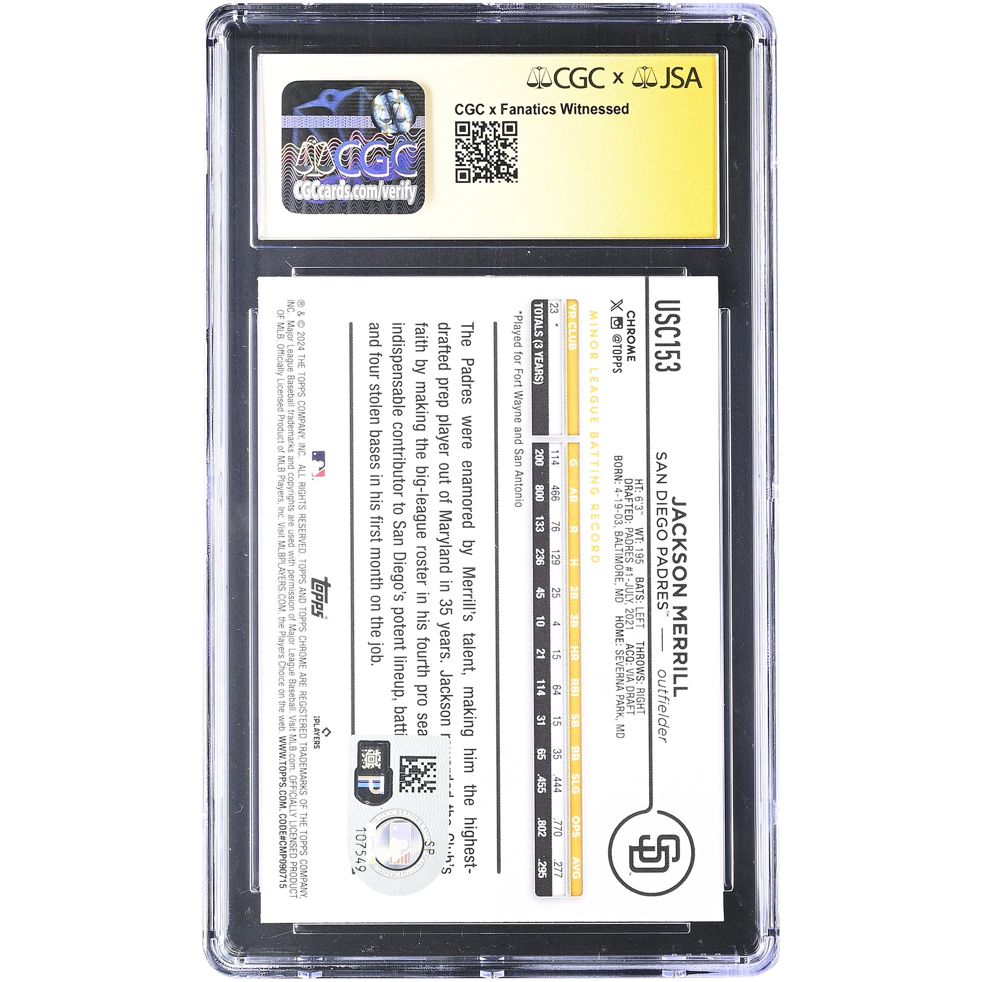 Carte de recrue autographiée de Jackson Merrill (Padres de San Diego), édition 2024 Topps Chrome Update #USC153, authentifiée par Fanatics Witnessed (CGC, 9/10).