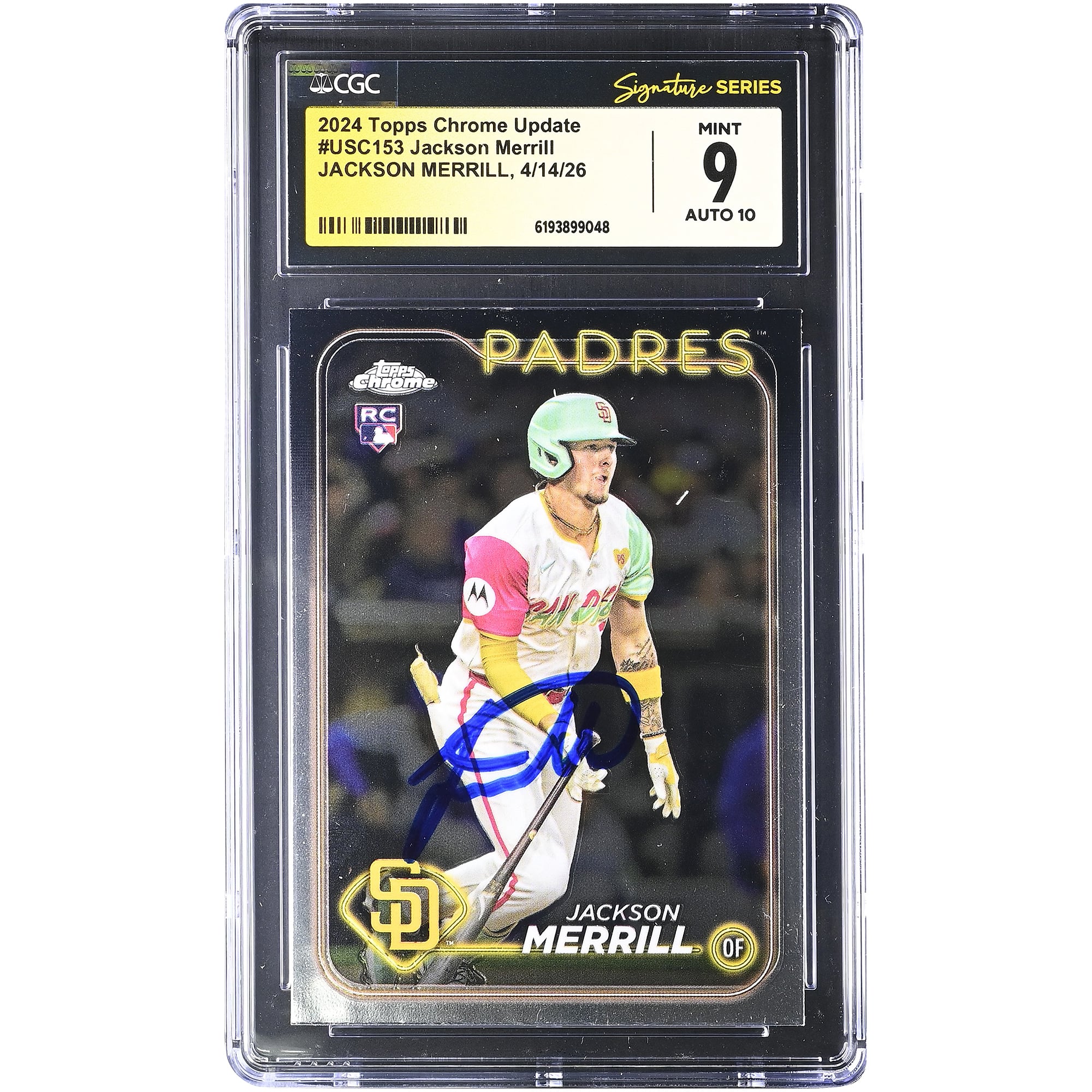 Carte de recrue autographiée de Jackson Merrill (Padres de San Diego), édition 2024 Topps Chrome Update #USC153, authentifiée par Fanatics Witnessed (CGC, 9/10).