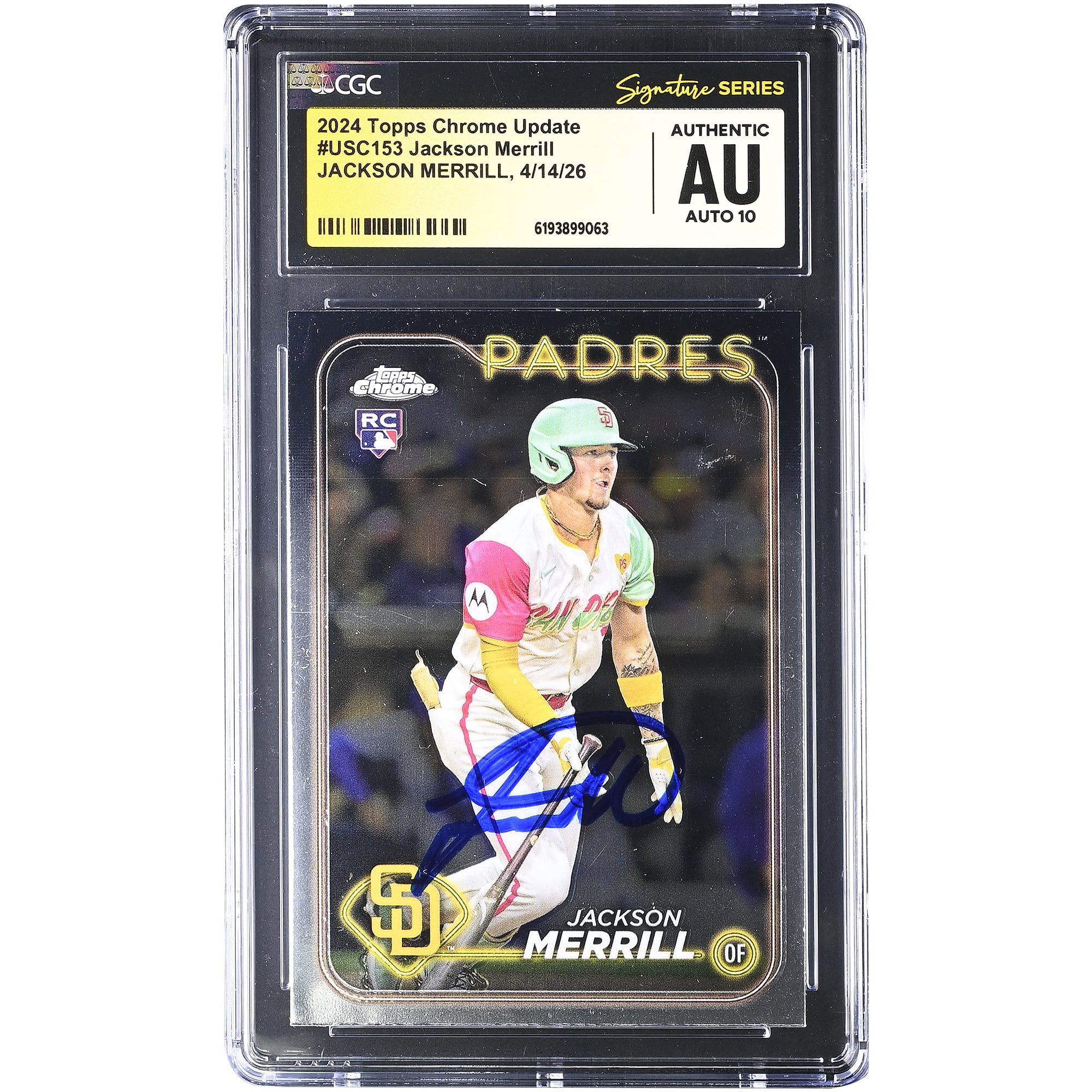 Carte de recrue autographiée de Jackson Merrill (Padres de San Diego), édition 2024 Topps Chrome Update #USC153, certifiée CGC Fanatics Witnessed, niveau AUTO 10.