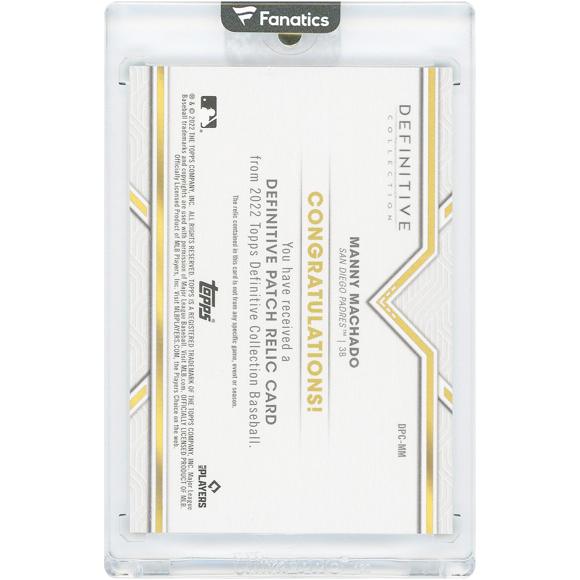 Manny Machado San Diego Padres 2022 Topps Definitive Collection Definitive Patch Collection #DPC-MM #1/1 Card