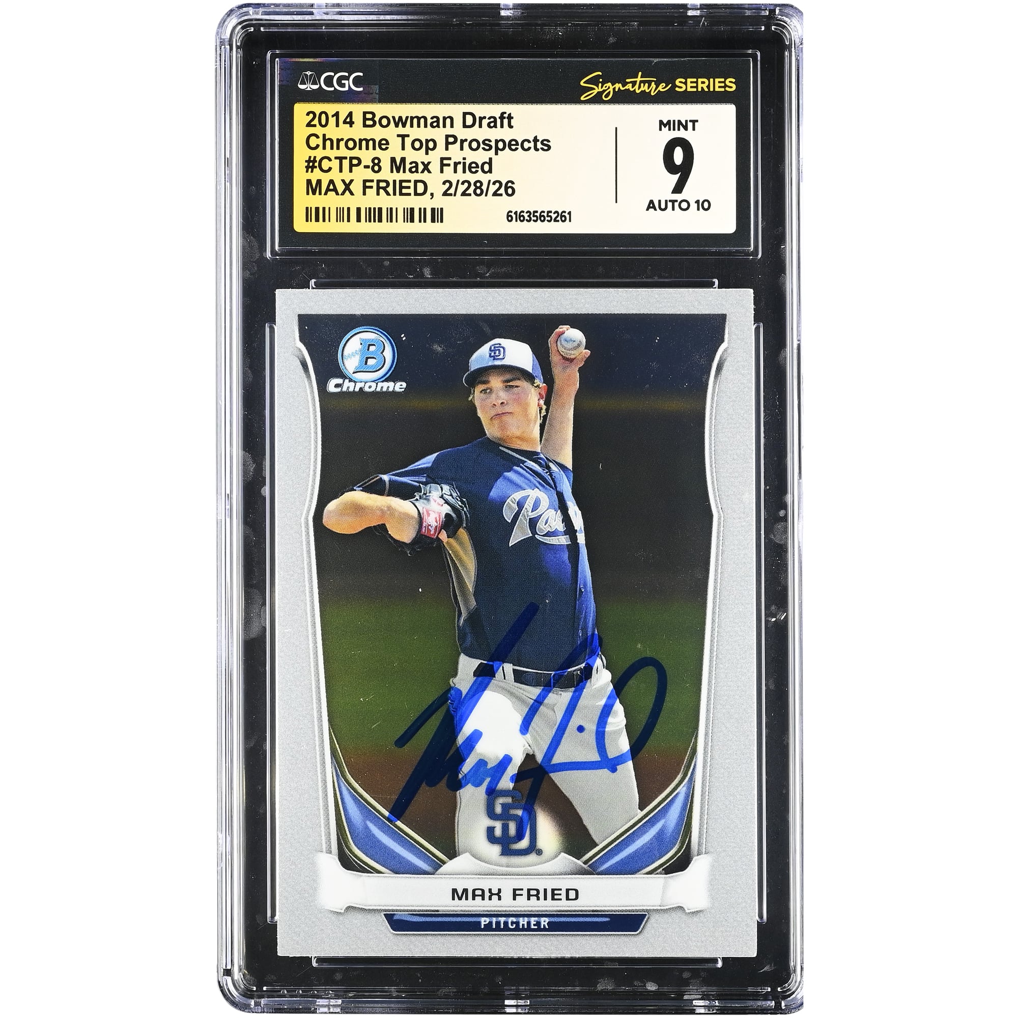 Carte autographiée de Max Fried (San Diego Padres), collection Bowman Draft Chrome Top Prospects 2014, numéro CTP-8, authentifiée CGC (9/10).