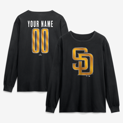 San Diego Padres  Metallic Mascot Personalized Name & Number Long Sleeve T-Shirt - Black