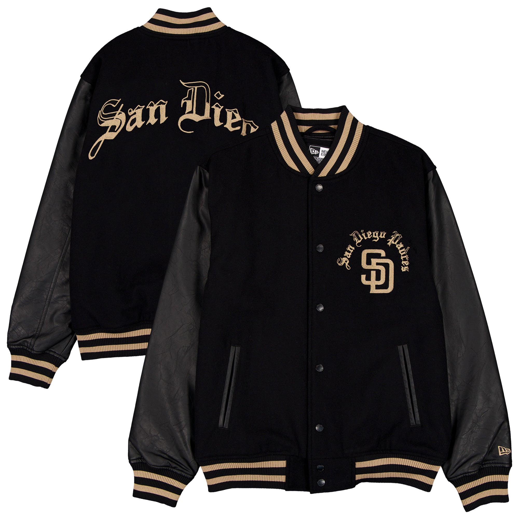 Men's New Era  Black San Diego Padres Heritage Gothic Lettering Full-Snap Varsity Jacket
