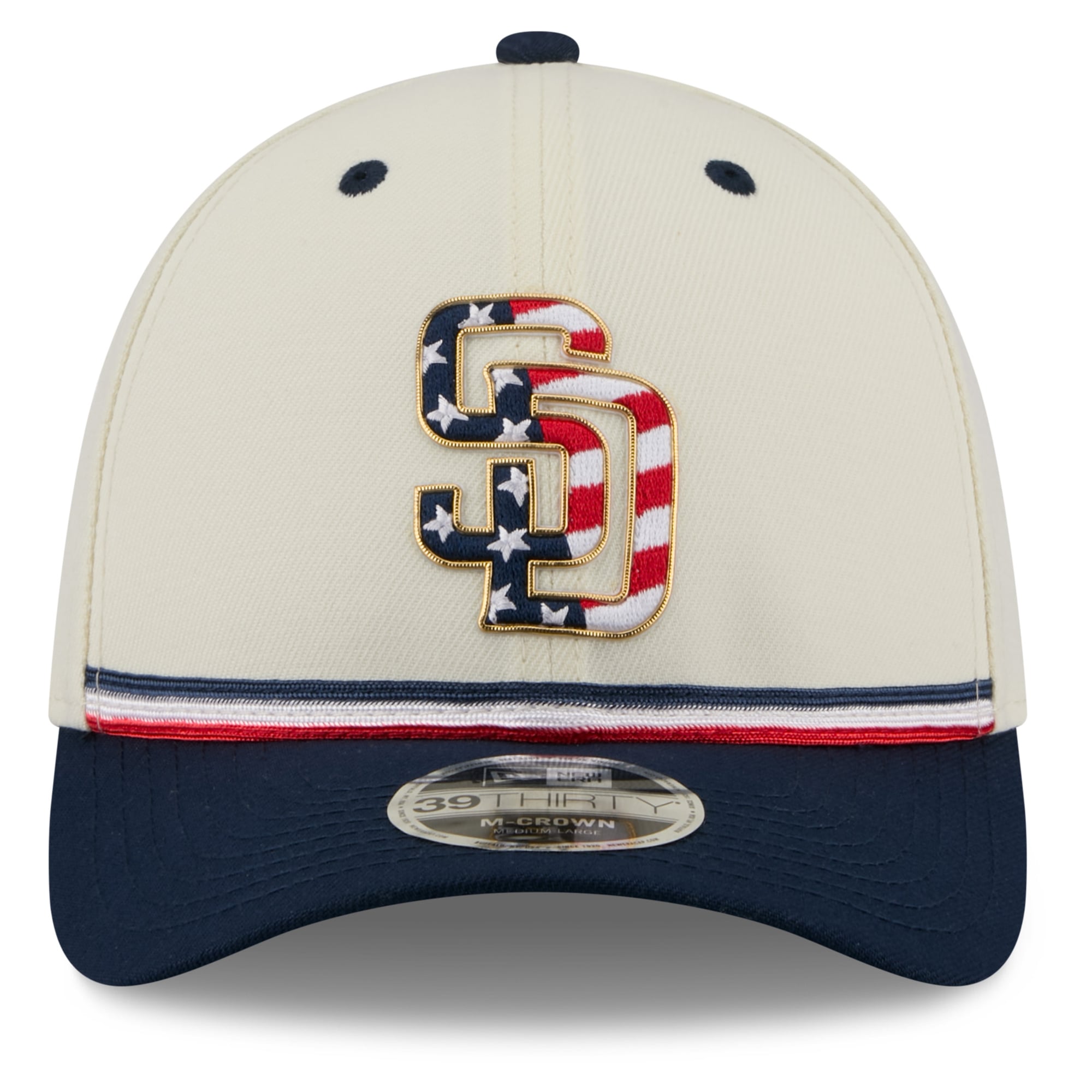 Casquette New Era pour homme, crème/marine, San Diego Padres USA 250, édition spéciale 4 juillet, modèle 39THIRTY M-Crown Flex