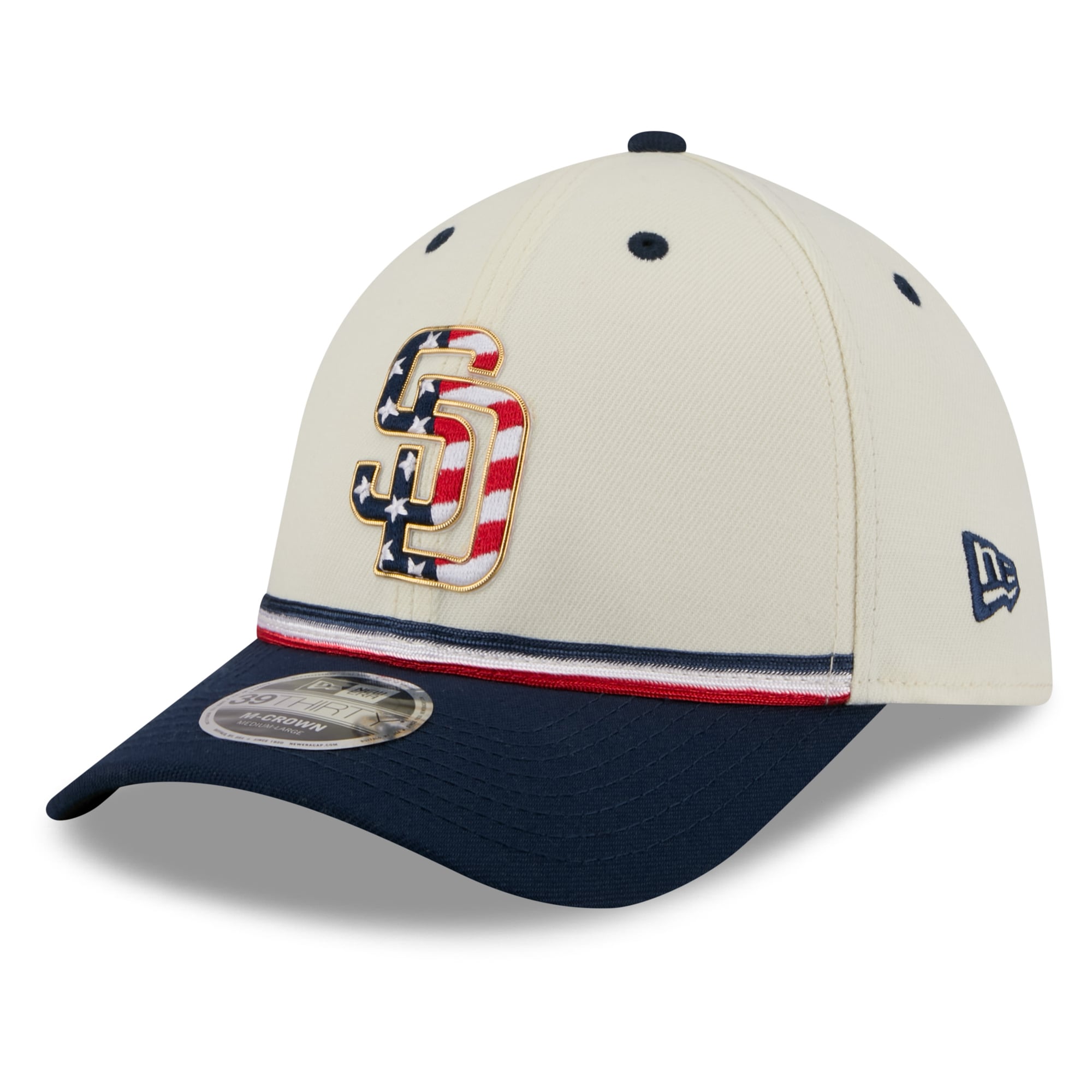 Casquette New Era pour homme, crème/marine, San Diego Padres USA 250, édition spéciale 4 juillet, modèle 39THIRTY M-Crown Flex