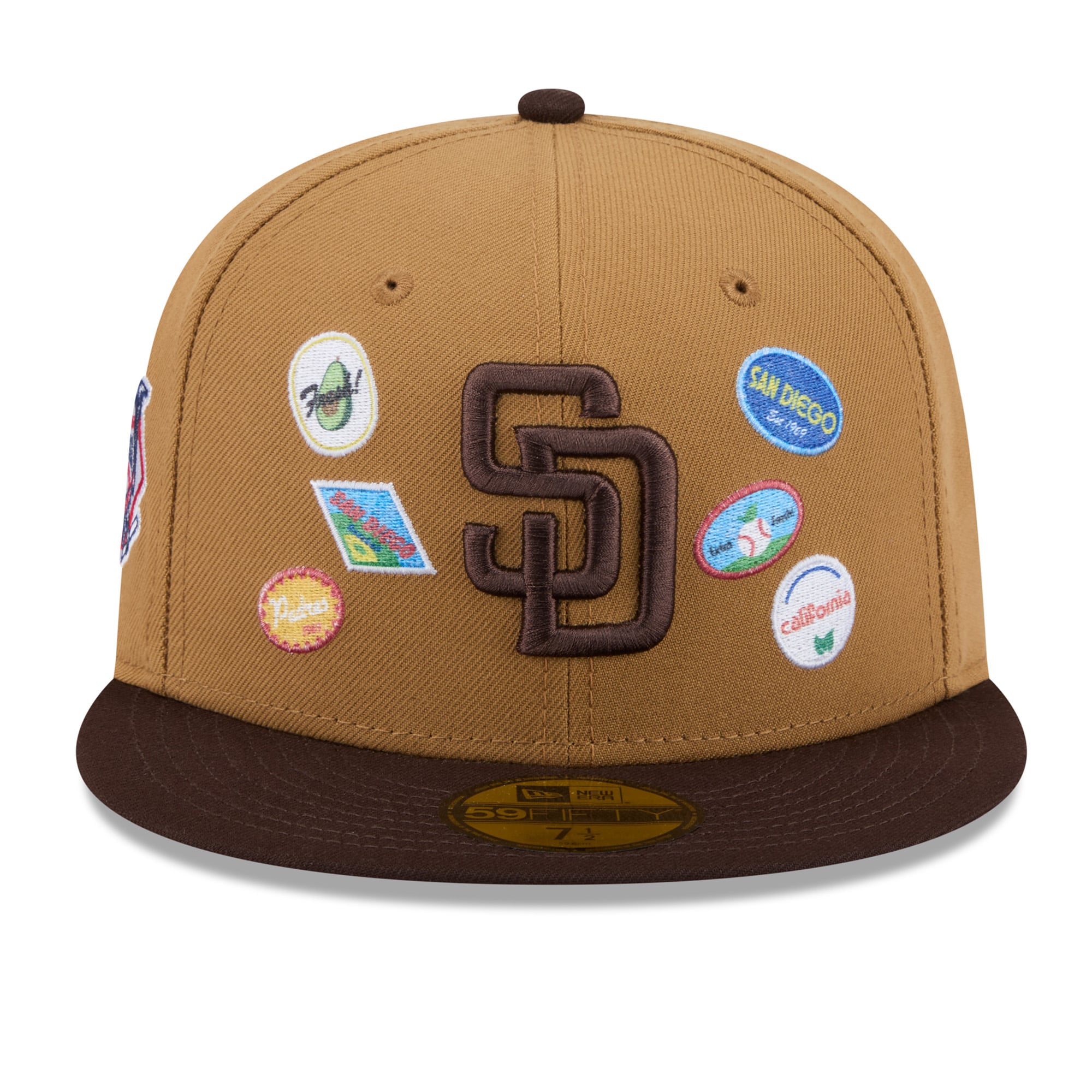 Casquette ajustée New Era 59FIFTY pour homme, couleur beige, motif autocollant fruit des Padres de San Diego