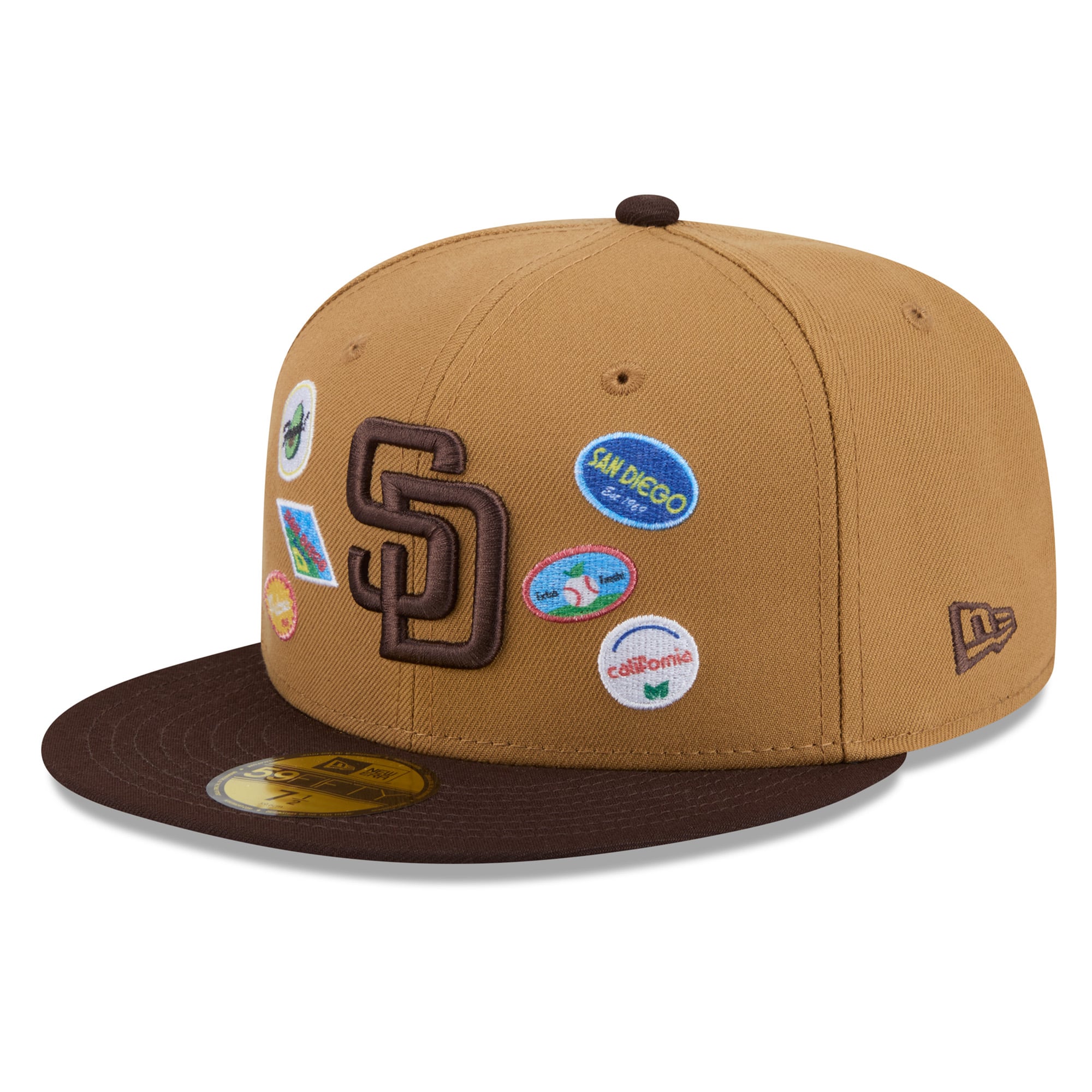 Casquette ajustée New Era 59FIFTY pour homme, couleur beige, motif autocollant fruit des Padres de San Diego
