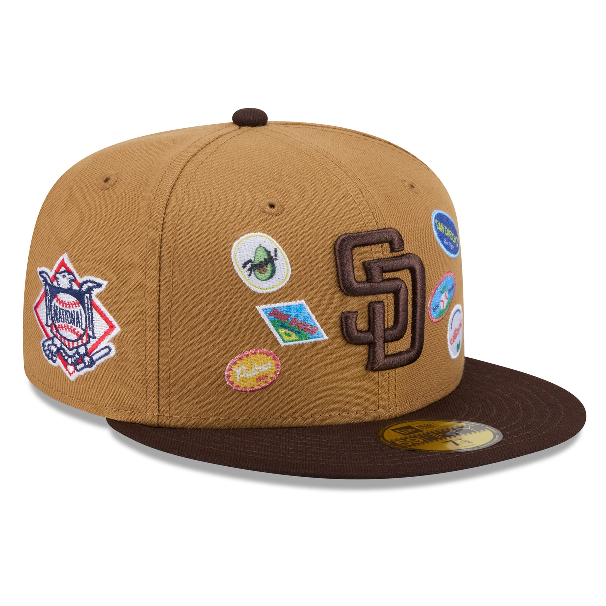 Casquette ajustée New Era 59FIFTY pour homme, couleur beige, motif autocollant fruit des Padres de San Diego