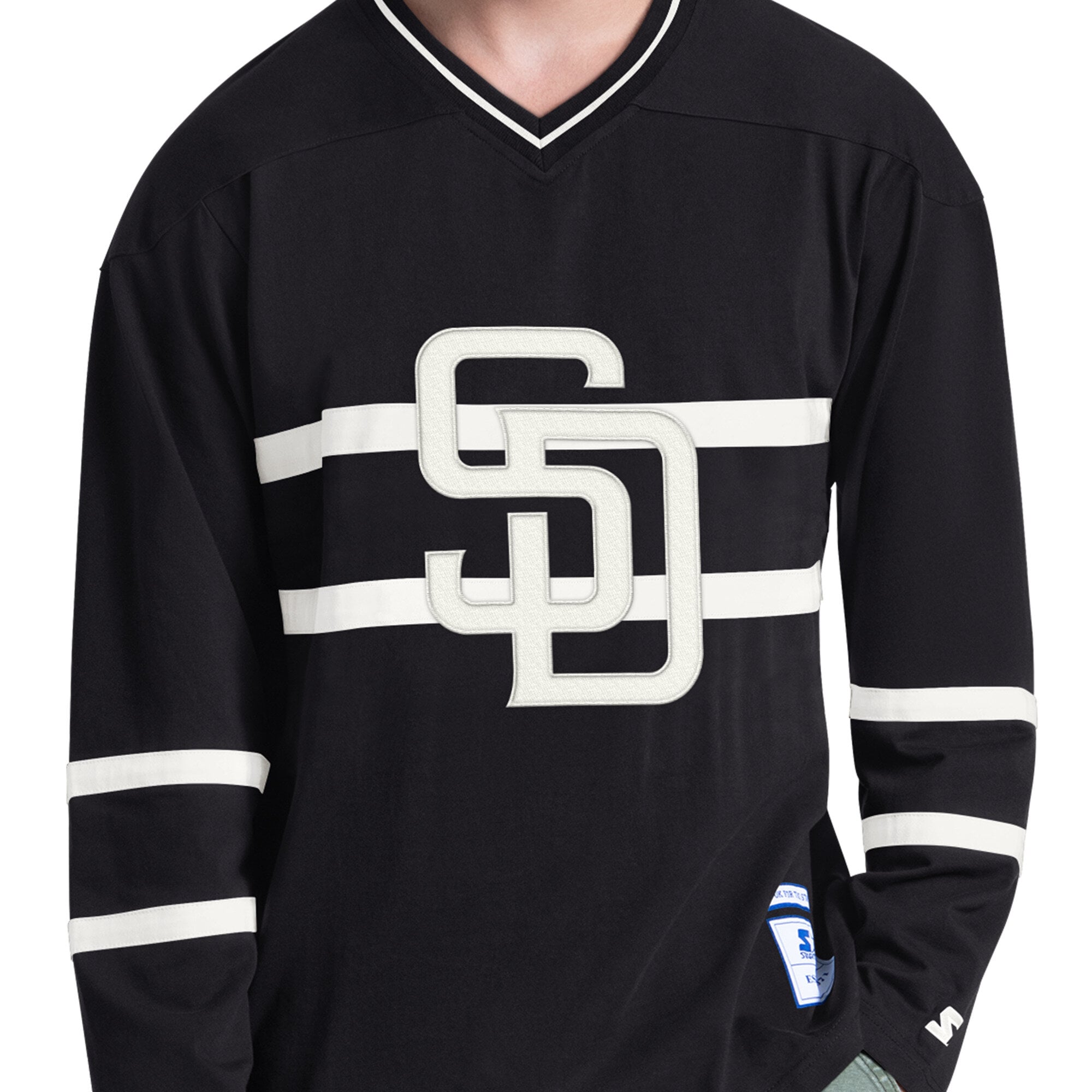 T-shirt à manches longues et col en V Starter noir pour homme, San Diego Padres Line Up