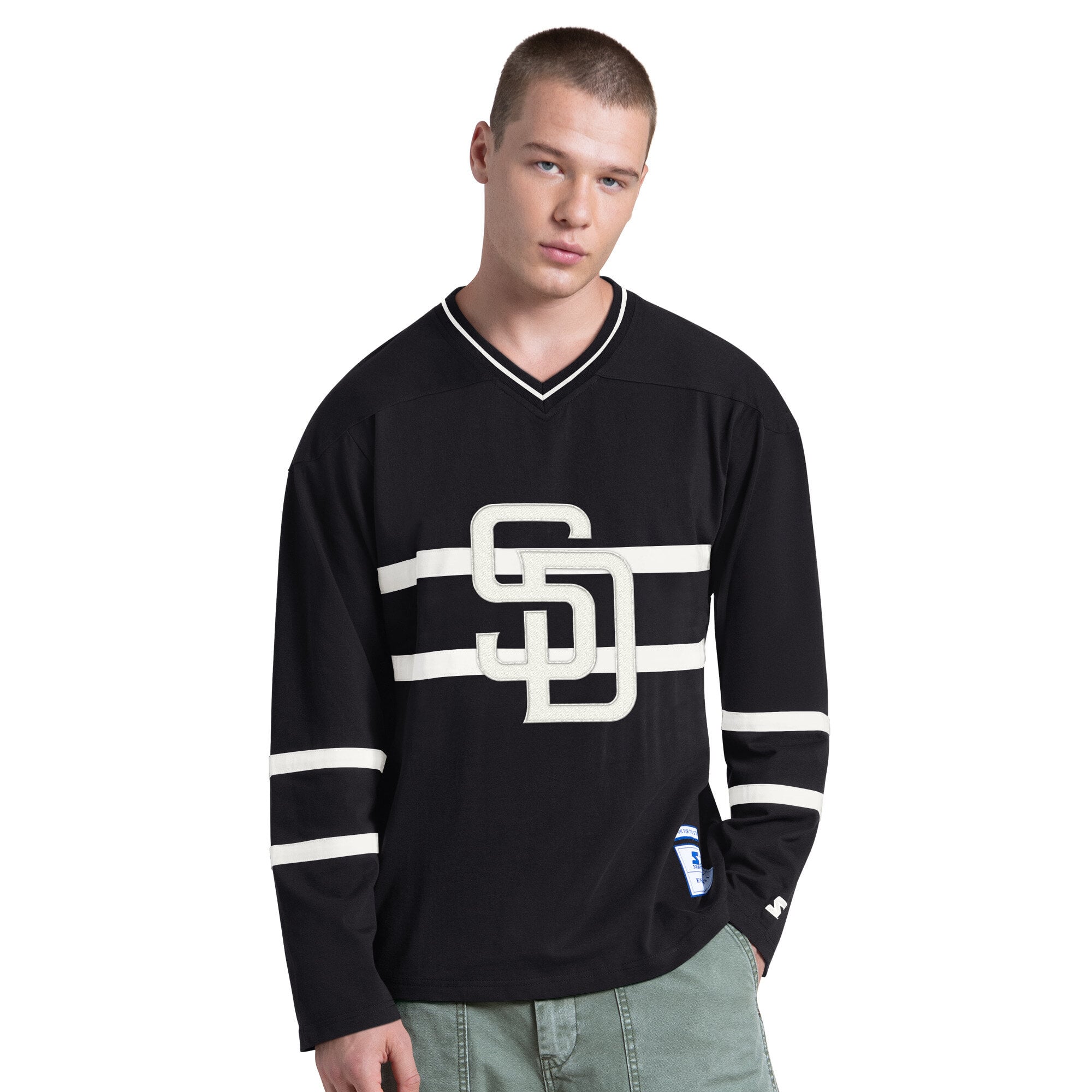 T-shirt à manches longues et col en V Starter noir pour homme, San Diego Padres Line Up