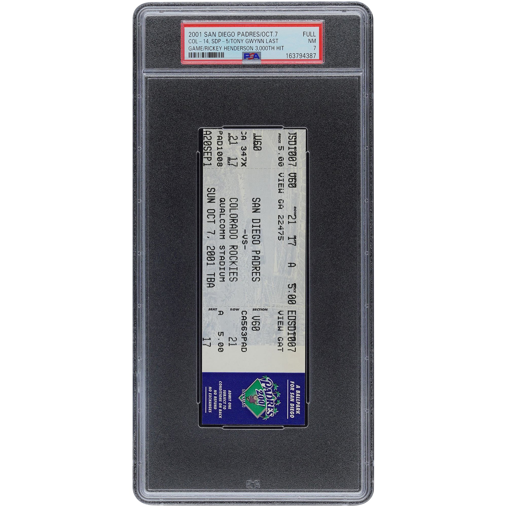 Rickey Henderson & Tony Gwynn San Diego Padres October 07, 2001 Gwynn Last Game, Henderson 3,000th Hit PSA Authenticated Ticket