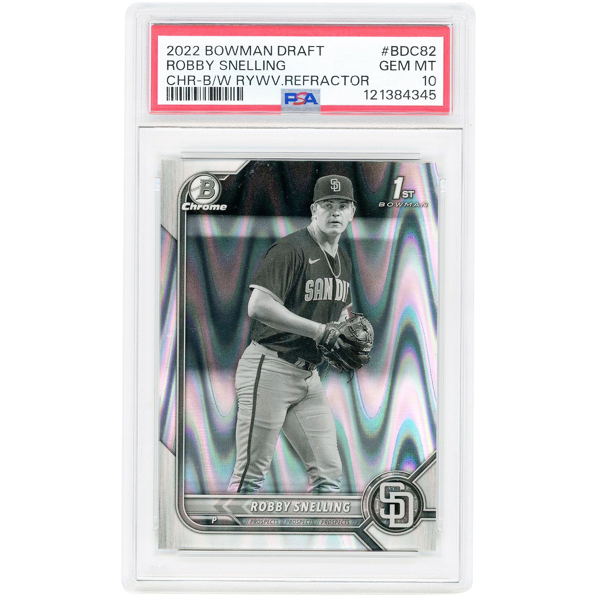 Robby Snelling San Diego Padres 2022 Bowman Draft Chrome Black & White Raywave Refractor #BDC-82 PSA Authenticated 10 Card