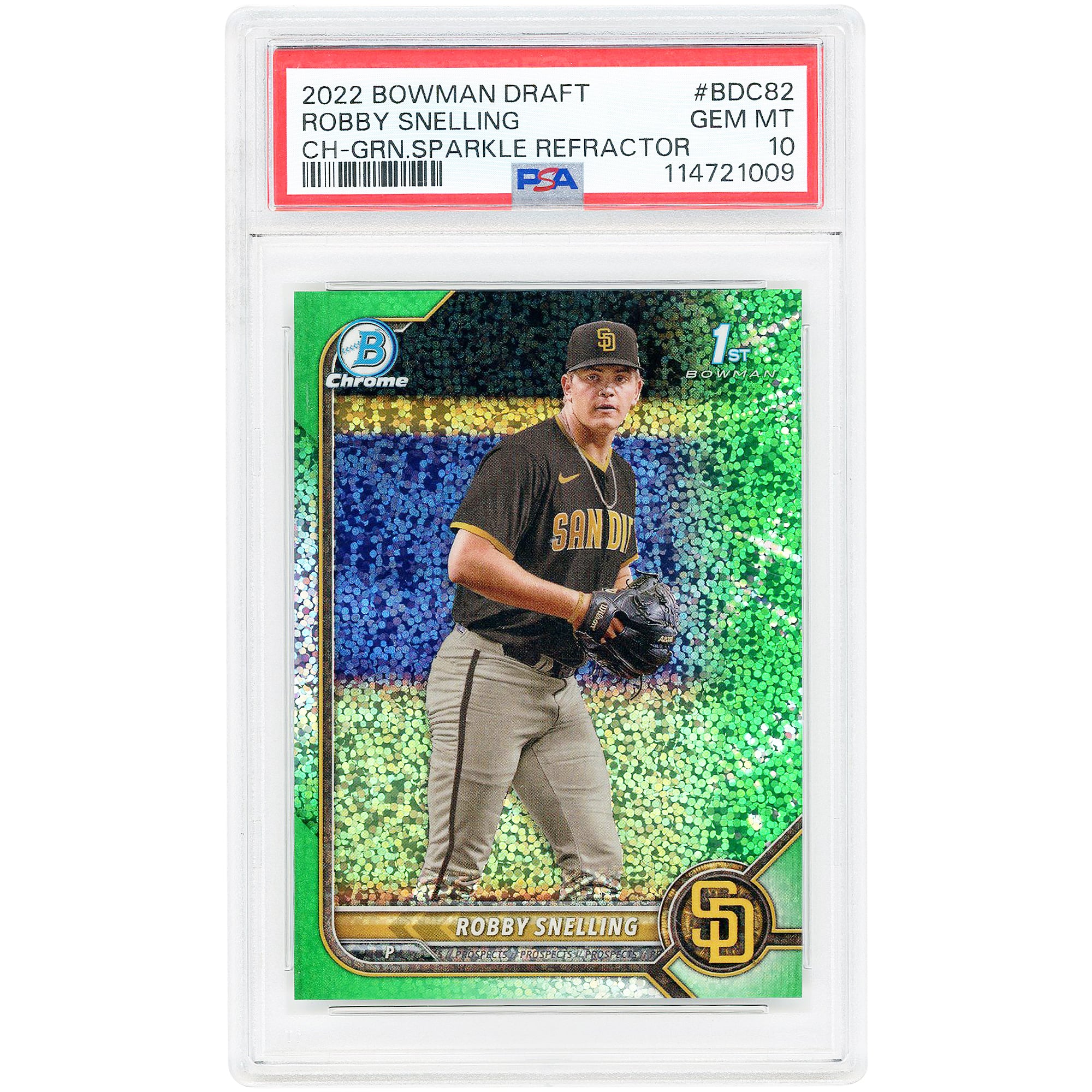 Robby Snelling San Diego Padres 2022 Bowman Draft Chrome Green Sparkle Refractor #BDC-82 #45/99 PSA Authenticated 10 Card