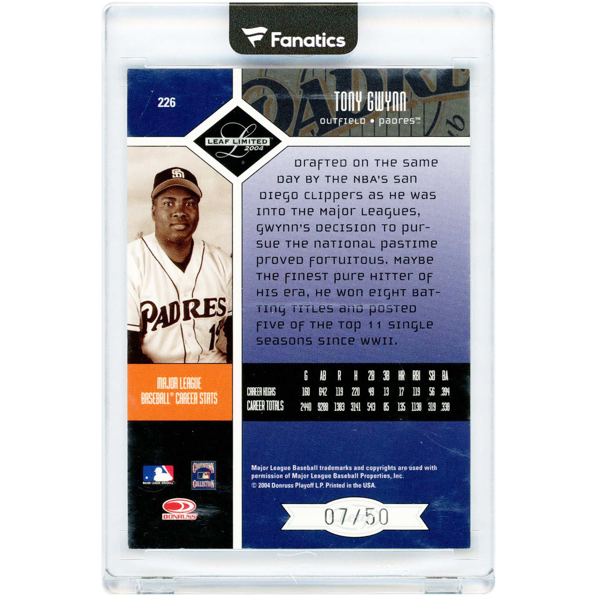 Carte autographiée de Tony Gwynn (Padres de San Diego), édition limitée Leaf Monikers 2004, n° 226, n° 7/50