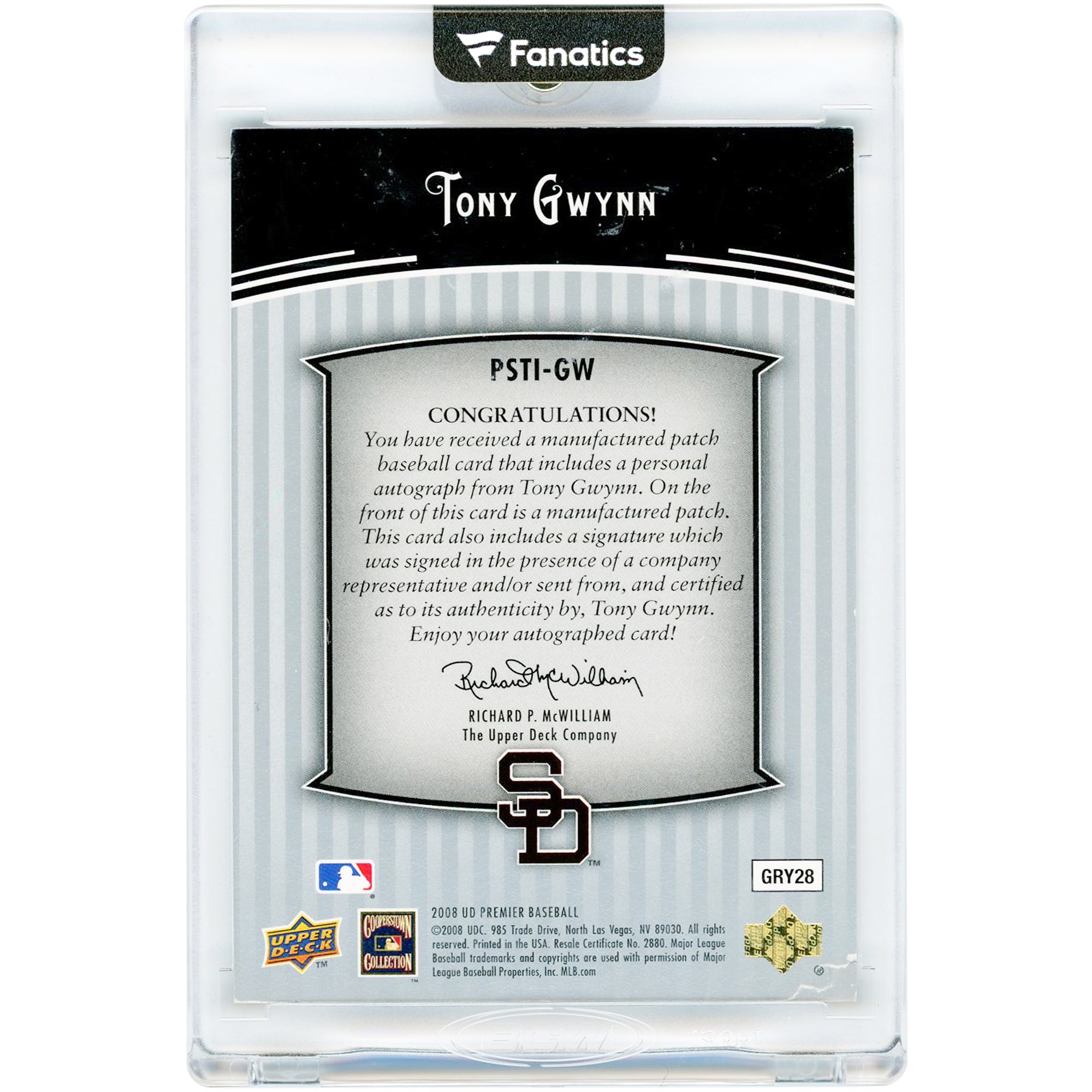 Tony Gwynn San Diego Padres Autographed 2008 Upper Deck Premier Stitching Autographs Jersey Match #PSTI-GW #19/25 Card