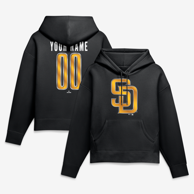 San Diego Padres Women's Metallic Mascot Personalized Name & Number Hoodie - Black