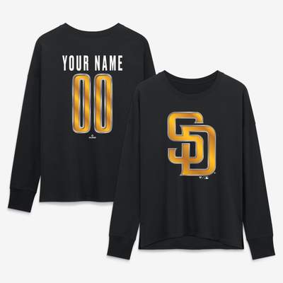 San Diego Padres Women's Metallic Mascot Personalized Name & Number Long Sleeve T-Shirt - Black