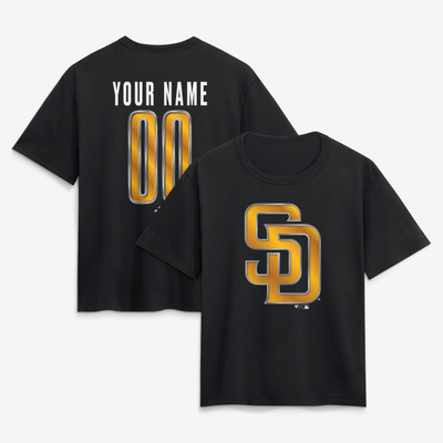 San Diego Padres Women's Metallic Mascot Personalized Name & Number T-Shirt - Black