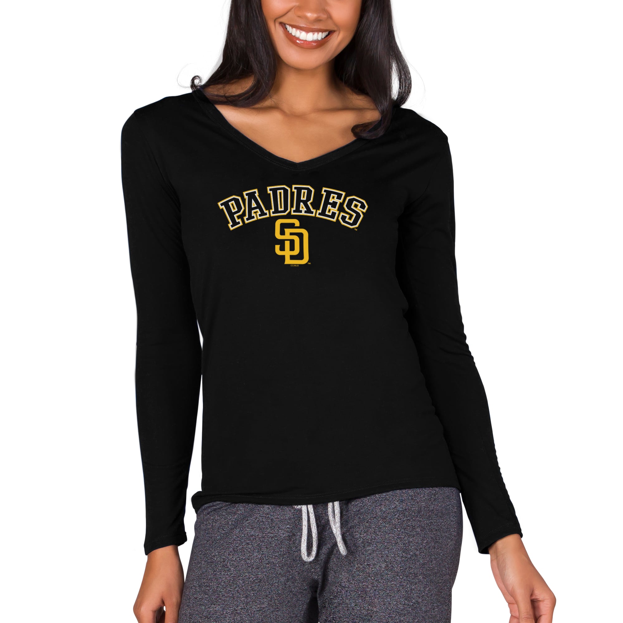 T-shirt à manches longues et col en V maille noire Concepts Sport San Diego Padres Marathon pour femme