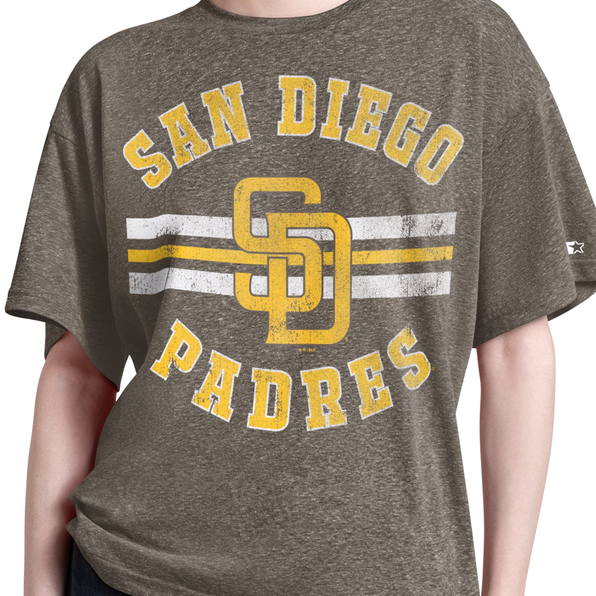 T-shirt Starter marron pour femme, motif tir en suspension des Padres de San Diego, style boyfriend, mélange trois matières