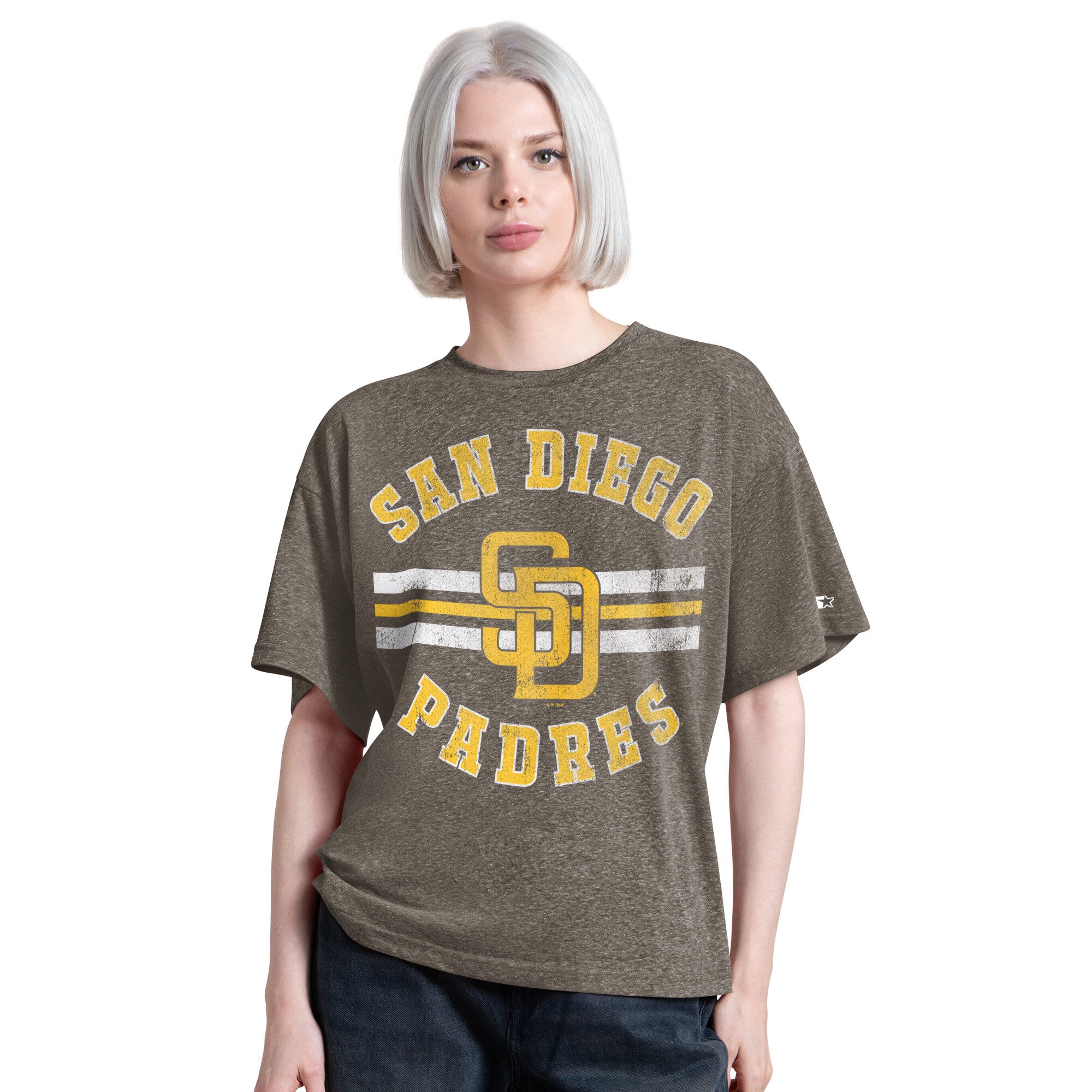 T-shirt Starter marron pour femme, motif tir en suspension des Padres de San Diego, style boyfriend, mélange trois matières