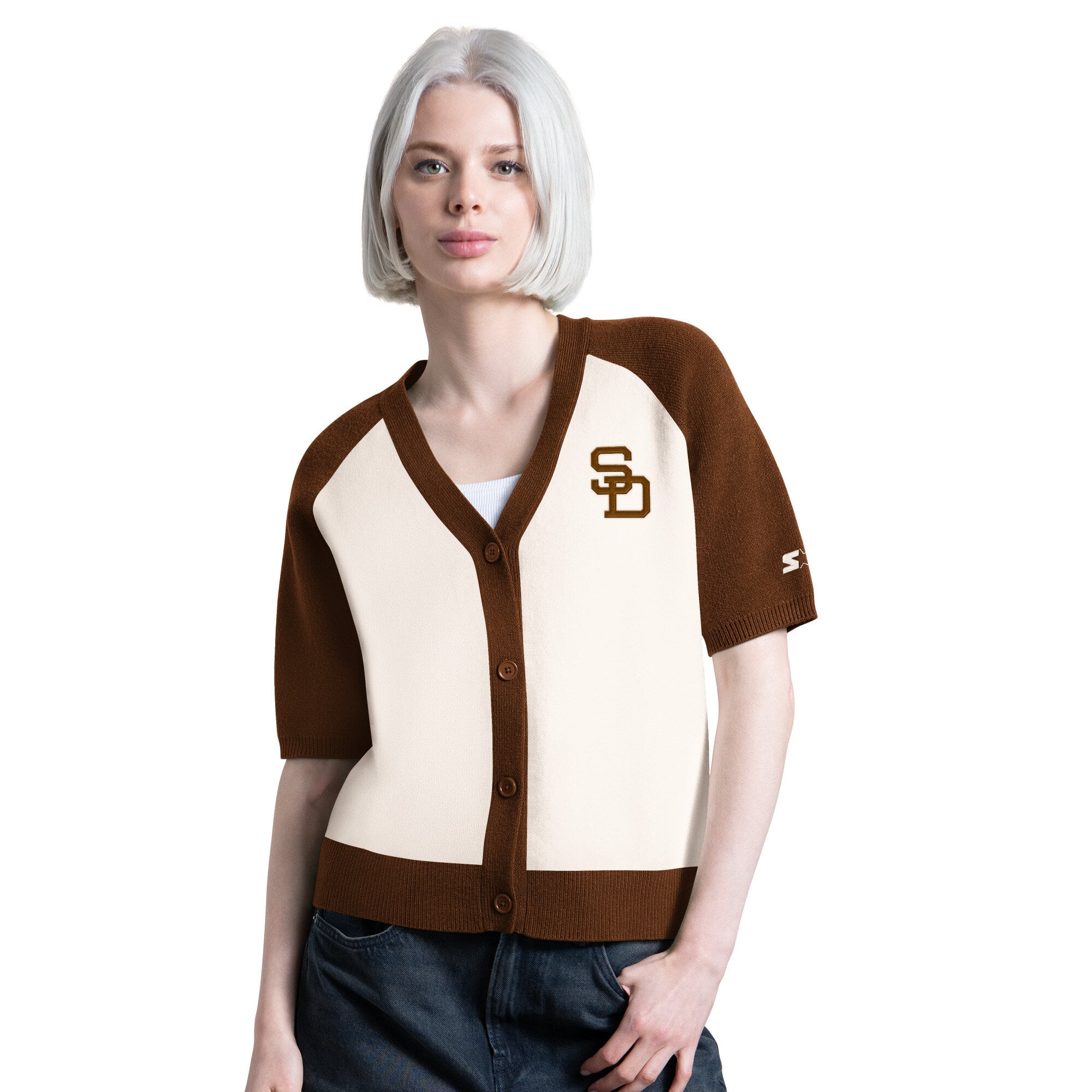Women's Starter Cream San Diego Padres Cooperstown Collection Key Player Tri-Blend Cropped Button-Up Raglan Short Sleeve Sweater