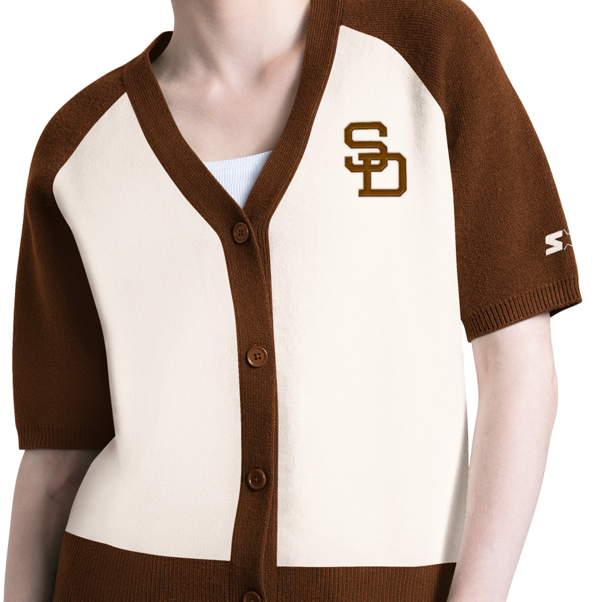 Women's Starter Cream San Diego Padres Cooperstown Collection Key Player Tri-Blend Cropped Button-Up Raglan Short Sleeve Sweater