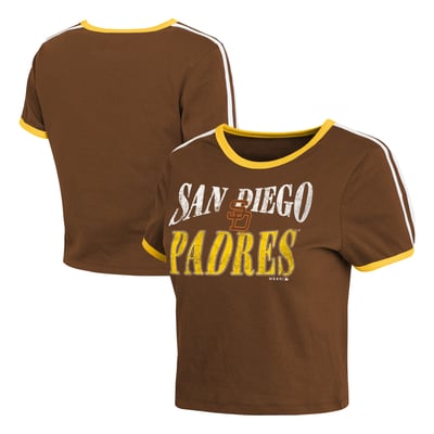  San Diego Padres WEAR by Erin Andrews Women's Cropped Throwback Ringer Baby T-Shirt - Brown