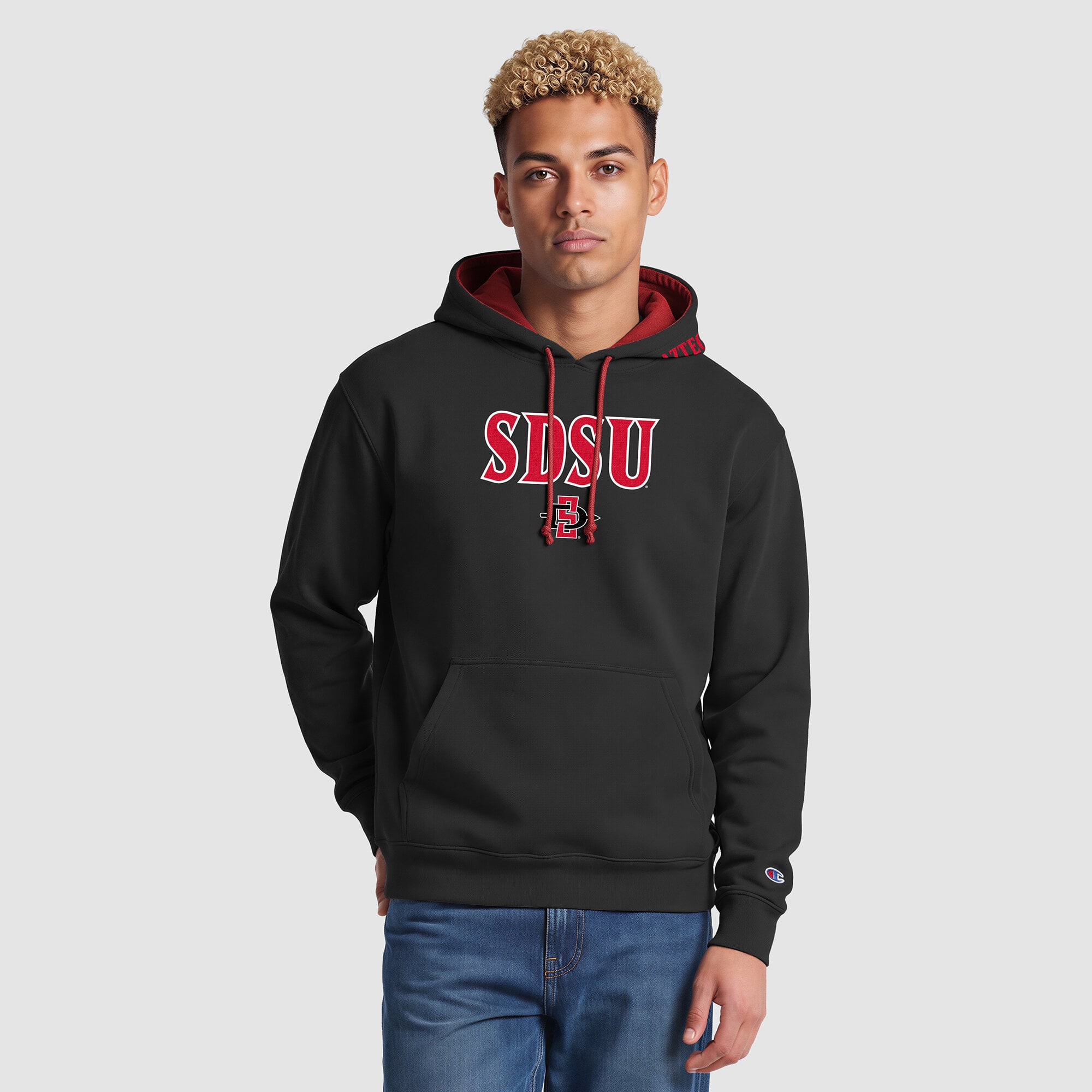 Sweat à capuche contrasté noir et rouge Champion pour homme, motif Aztecs de San Diego State