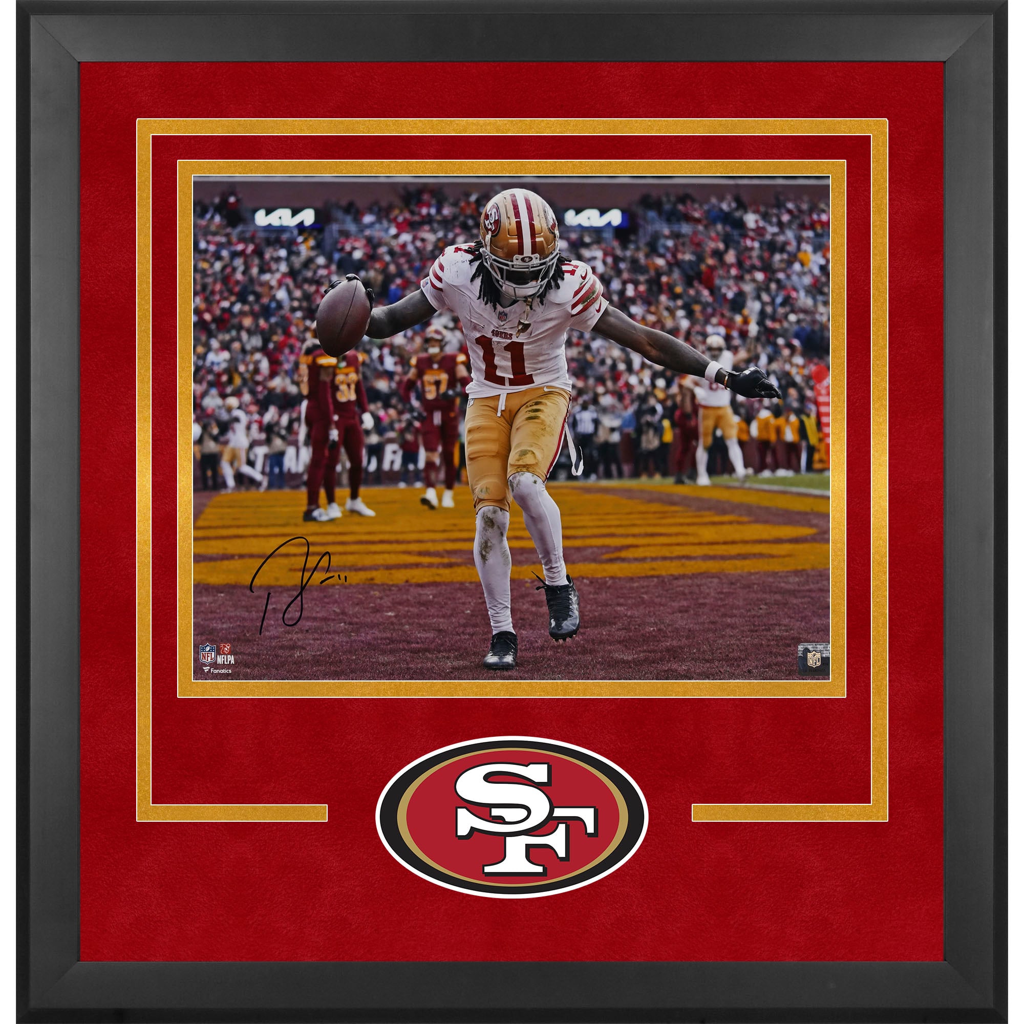 Photo de célébration de touchdown encadrée et autographiée par Brandon Aiyuk (49ers de San Francisco), format 40 x 50 cm.