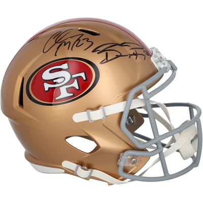 Brock Purdy & Christian McCaffrey San Francisco 49ers Autographed Fanatics Authentic Riddell Speed Replica Helmet
