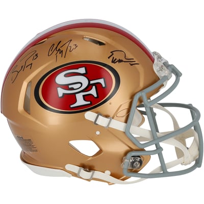 Brock Purdy, Christian McCaffrey and George Kittle San Francisco 49ers Autographed Fanatics Authentic Riddell Speed Authentic Helmet