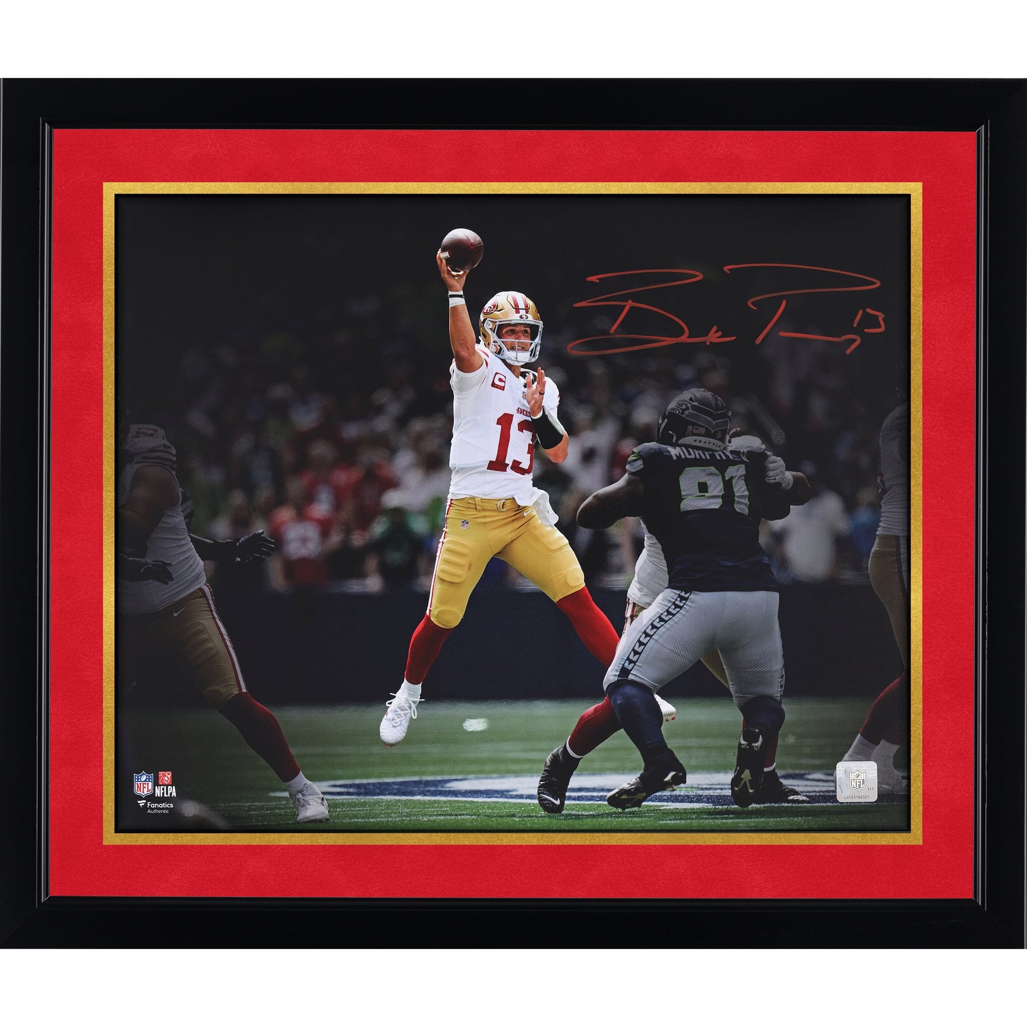 Brock Purdy San Francisco 49ers Autographed 16" x 20" Jump Throw Spotlight Photograph