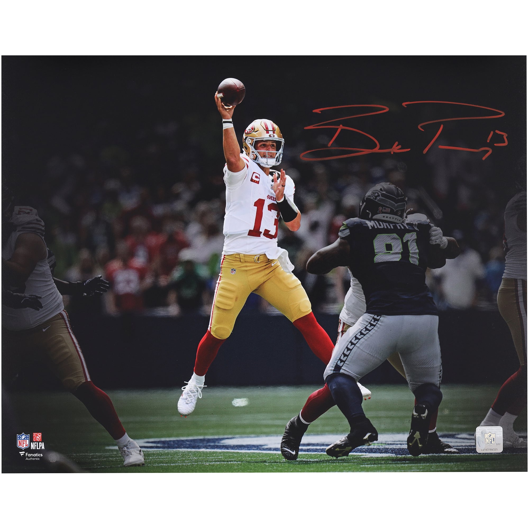 Photo dédicacée de Brock Purdy (San Francisco 49ers) - 40 x 50 cm (16 x 20 pouces) - Lancer en suspension