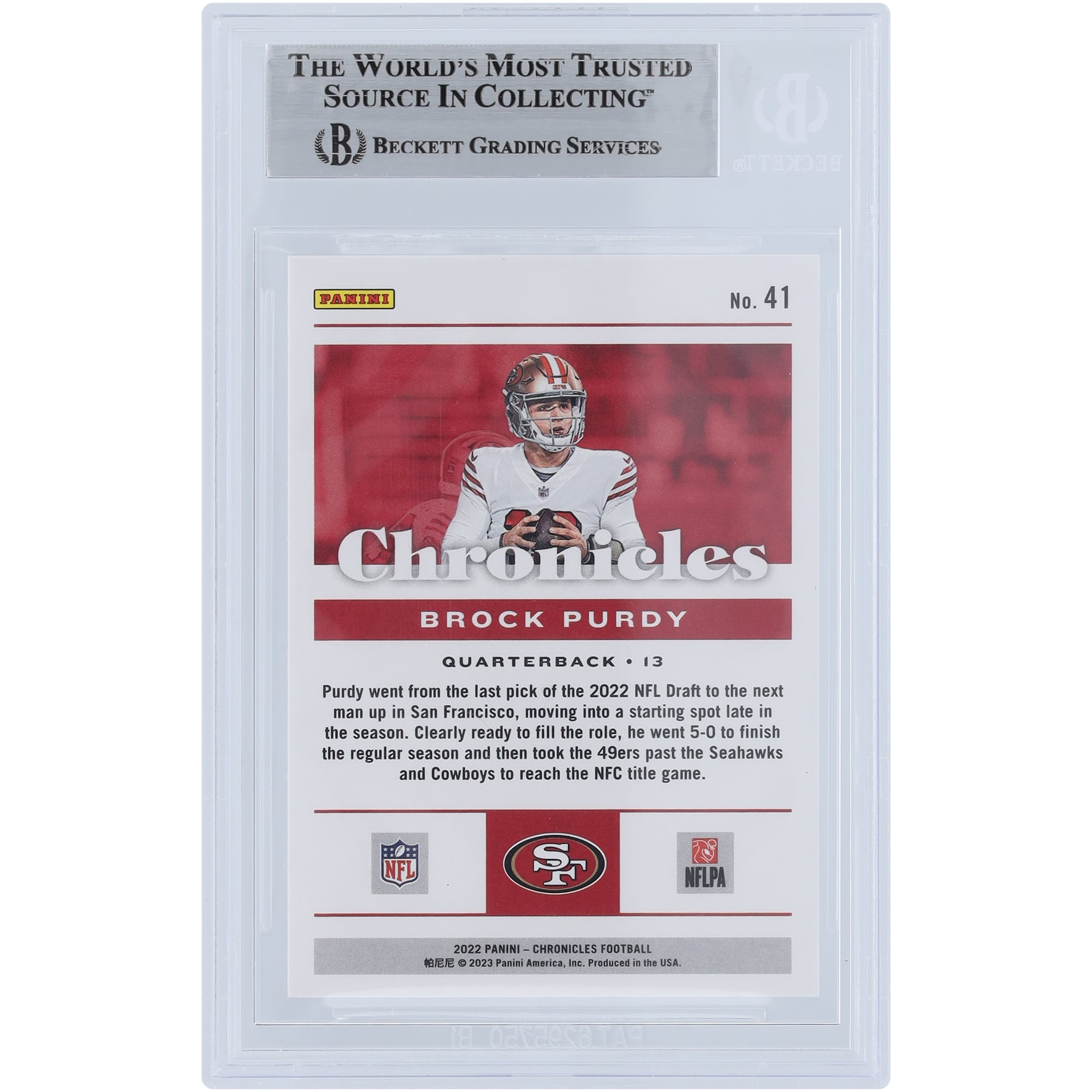 Brock Purdy San Francisco 49ers Autographed 2022 Panini Chronicles Pink #41 Beckett Fanatics Witnessed Authenticated Rookie Card