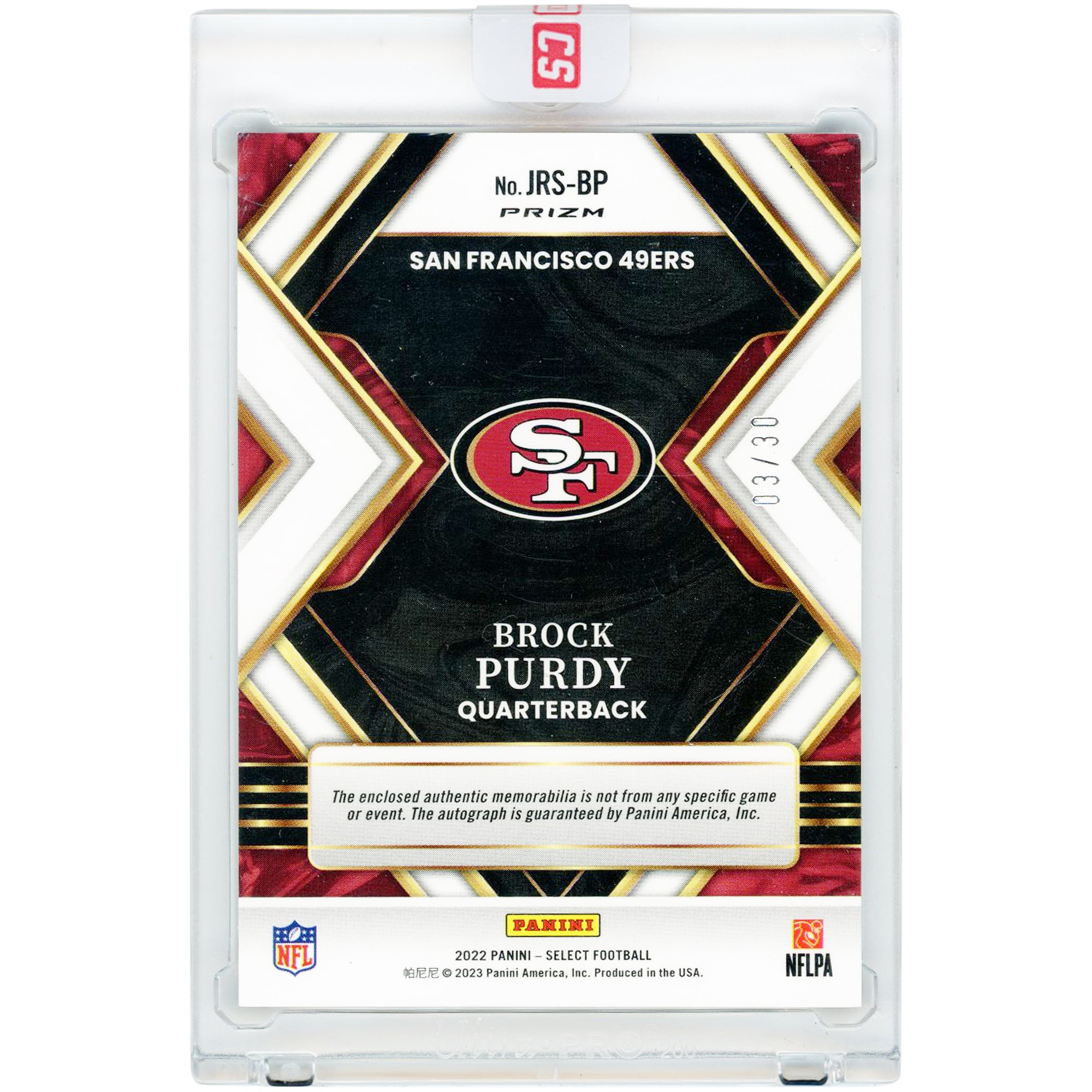 Brock Purdy San Francisco 49ers Autographed 2022 Panini Select Neon Orange Pulsar Prizm Jumbo Rookie Swatches Jersey Relic #JRS-BP #3/30 Rookie Card