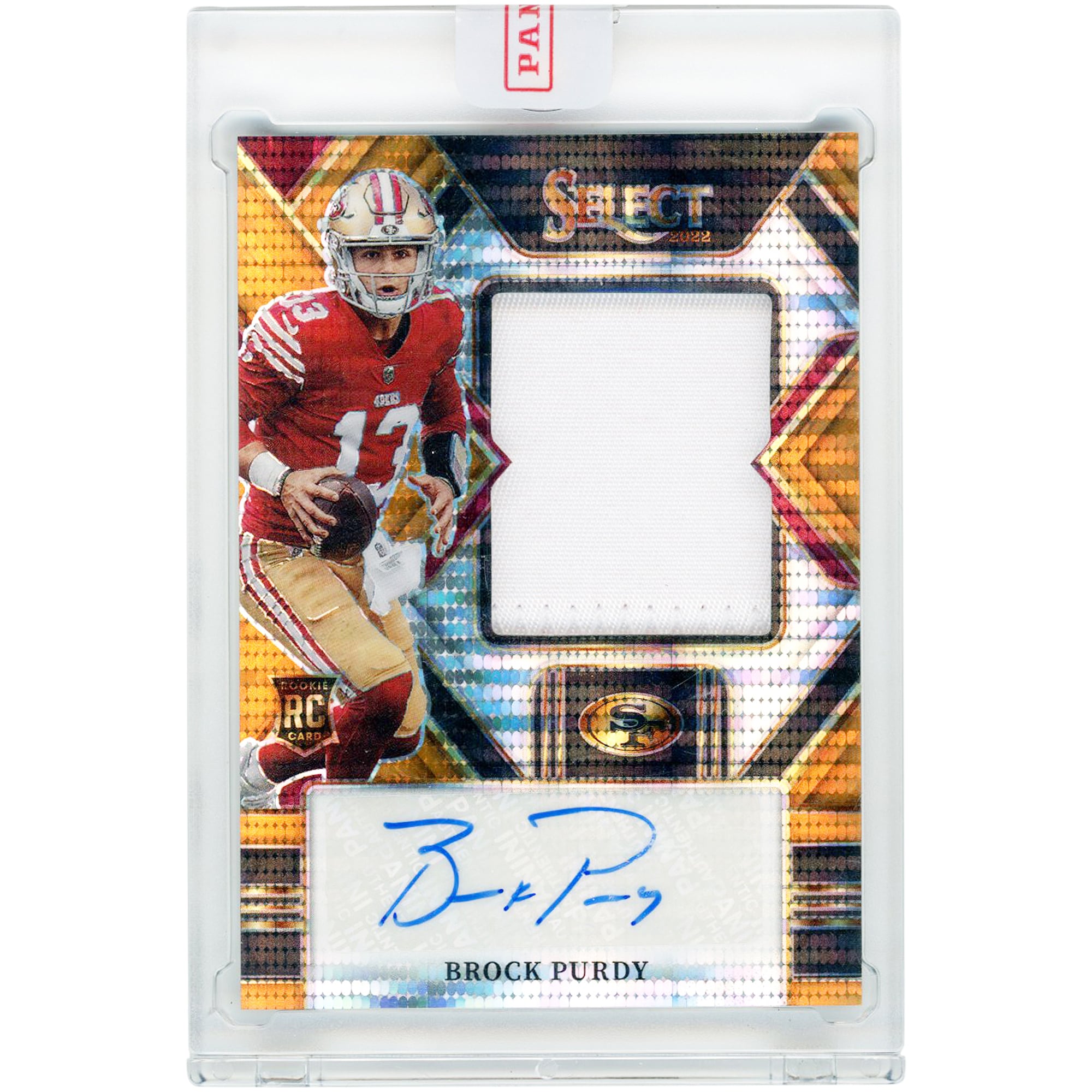 Brock Purdy San Francisco 49ers Autographed 2022 Panini Select Neon Orange Pulsar Prizm Jumbo Rookie Swatches Jersey Relic #JRS-BP #3/30 Rookie Card
