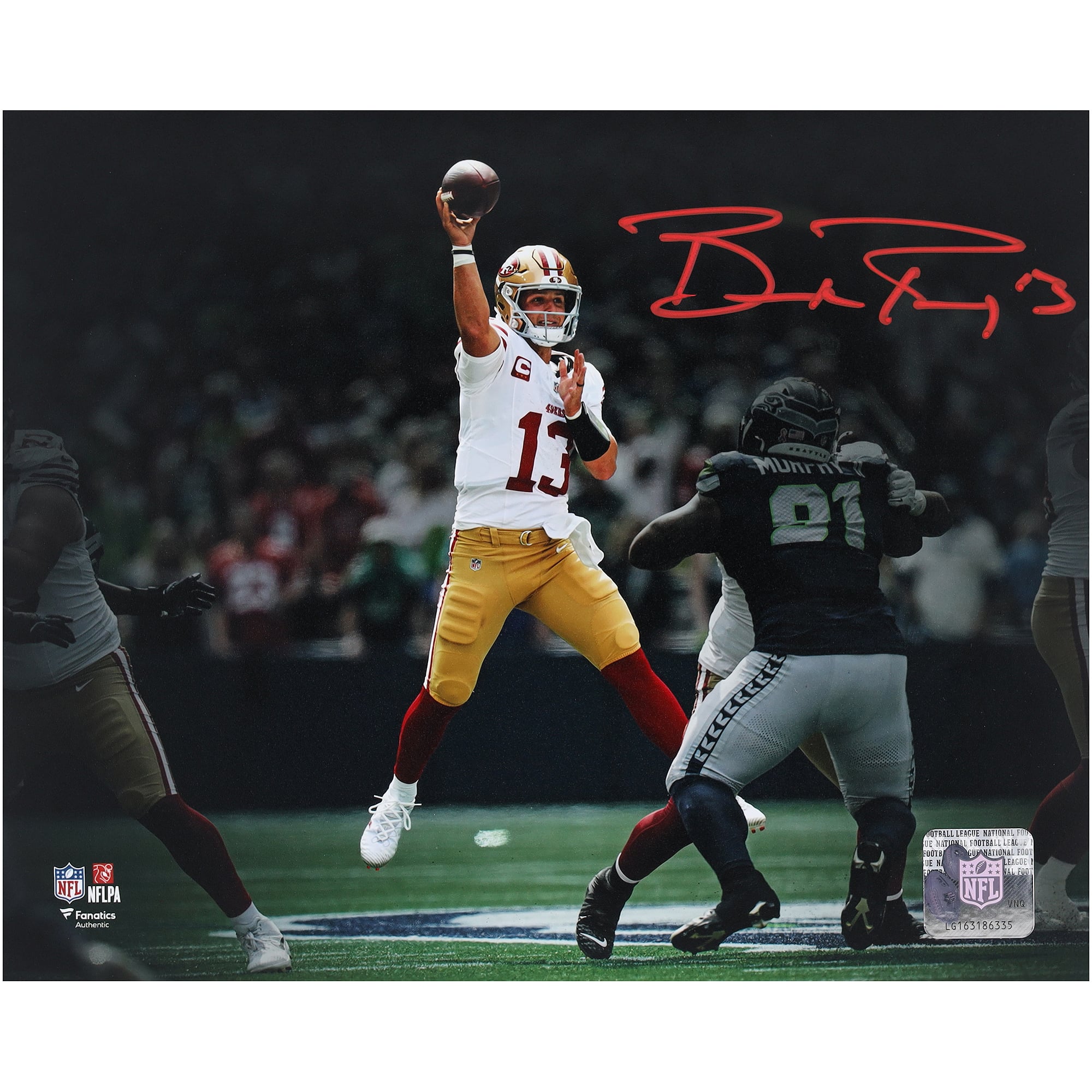 Photo dédicacée de Brock Purdy (San Francisco 49ers) - Format 20 x 25 cm (8 x 10 pouces) - Lancer en suspension