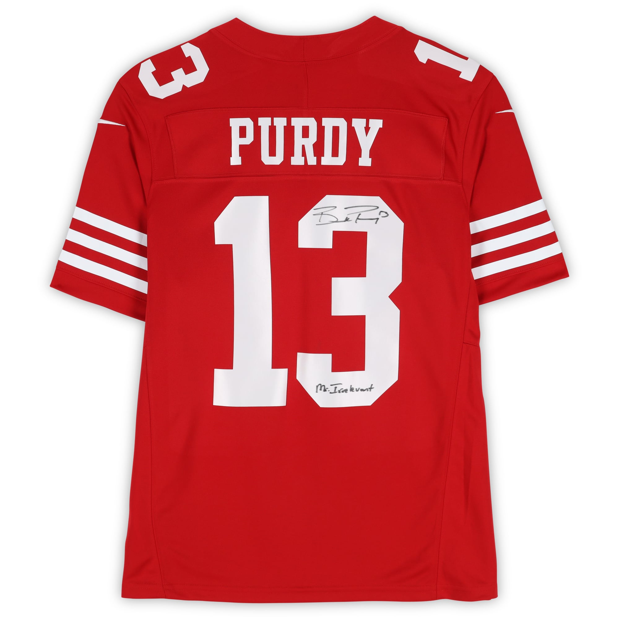 Maillot rouge Nike Limited autographié par Brock Purdy des 49ers de San Francisco avec inscription « Mr. Irrelevant »