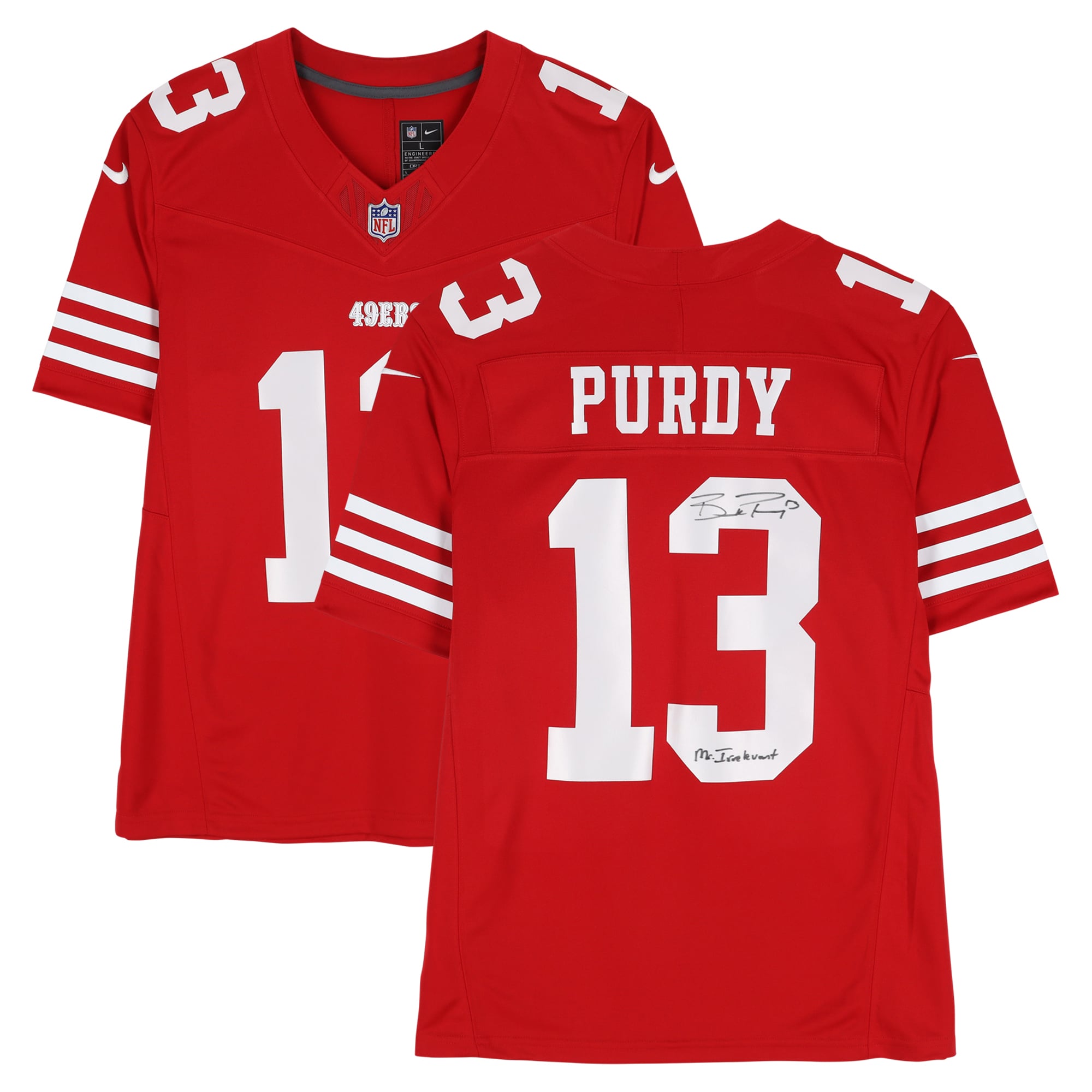 Maillot rouge Nike Limited autographié par Brock Purdy des 49ers de San Francisco avec inscription « Mr. Irrelevant »